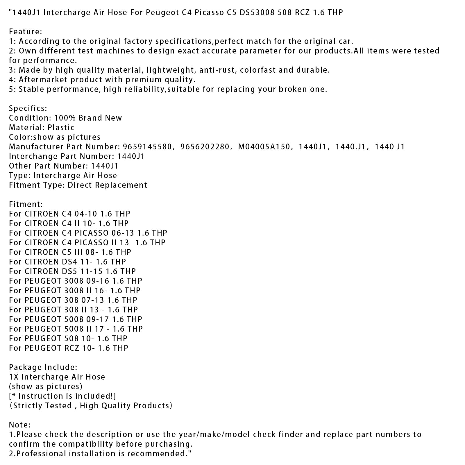 1440J1 Intercharge Air Hose For Peugeot C4 Picasso C5 DS53008 508 RCZ 1.6 THP