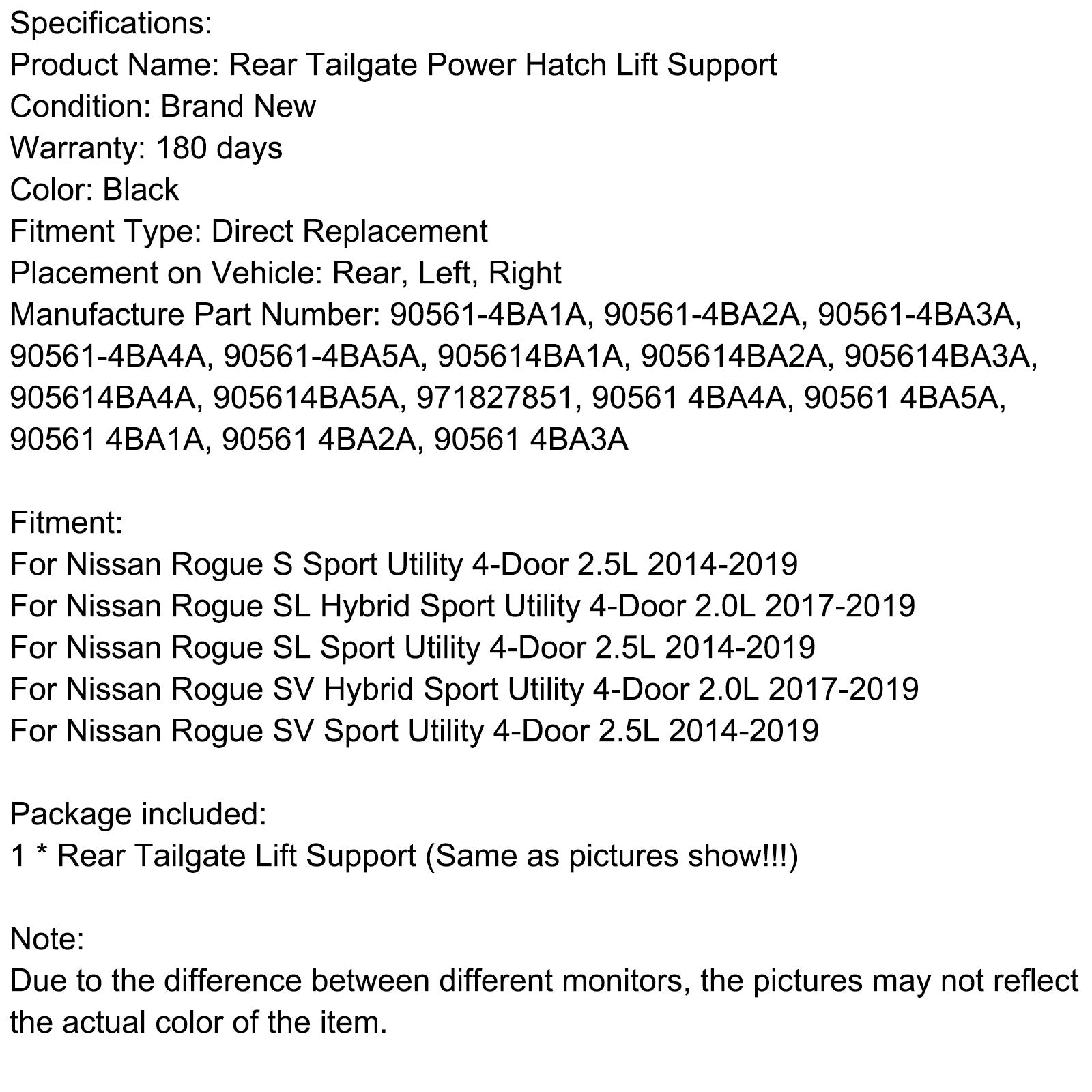 2014-2019 Nissan Rogue S Sport Utility 4-Door 2.5L Rear Tailgate Power Hatch Lift Support W/ Opener 90561-4BA4A