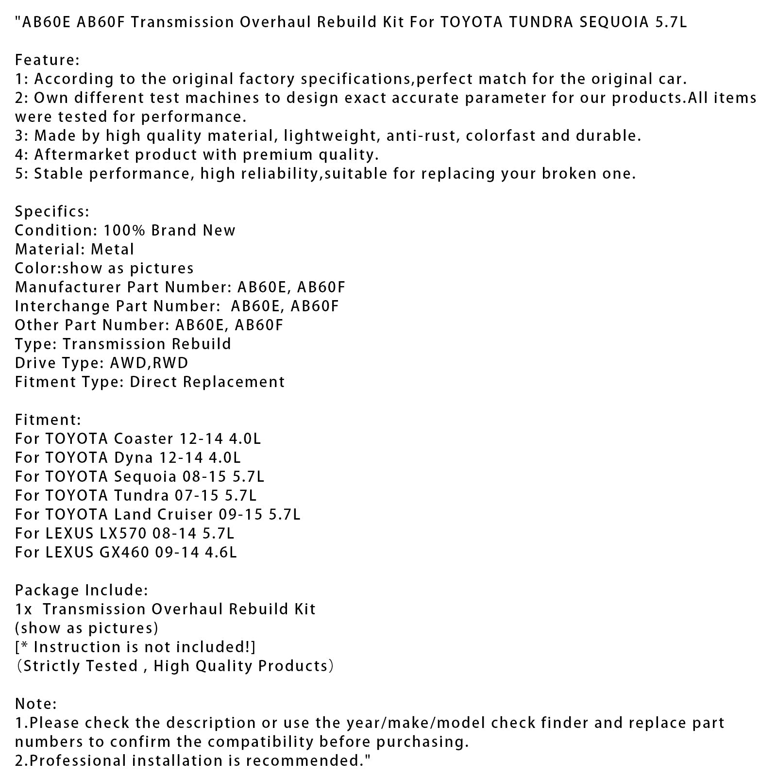 AB60E AB60F Transmission Overhaul Rebuild Kit For TOYOTA TUNDRA SEQUOIA 5.7L