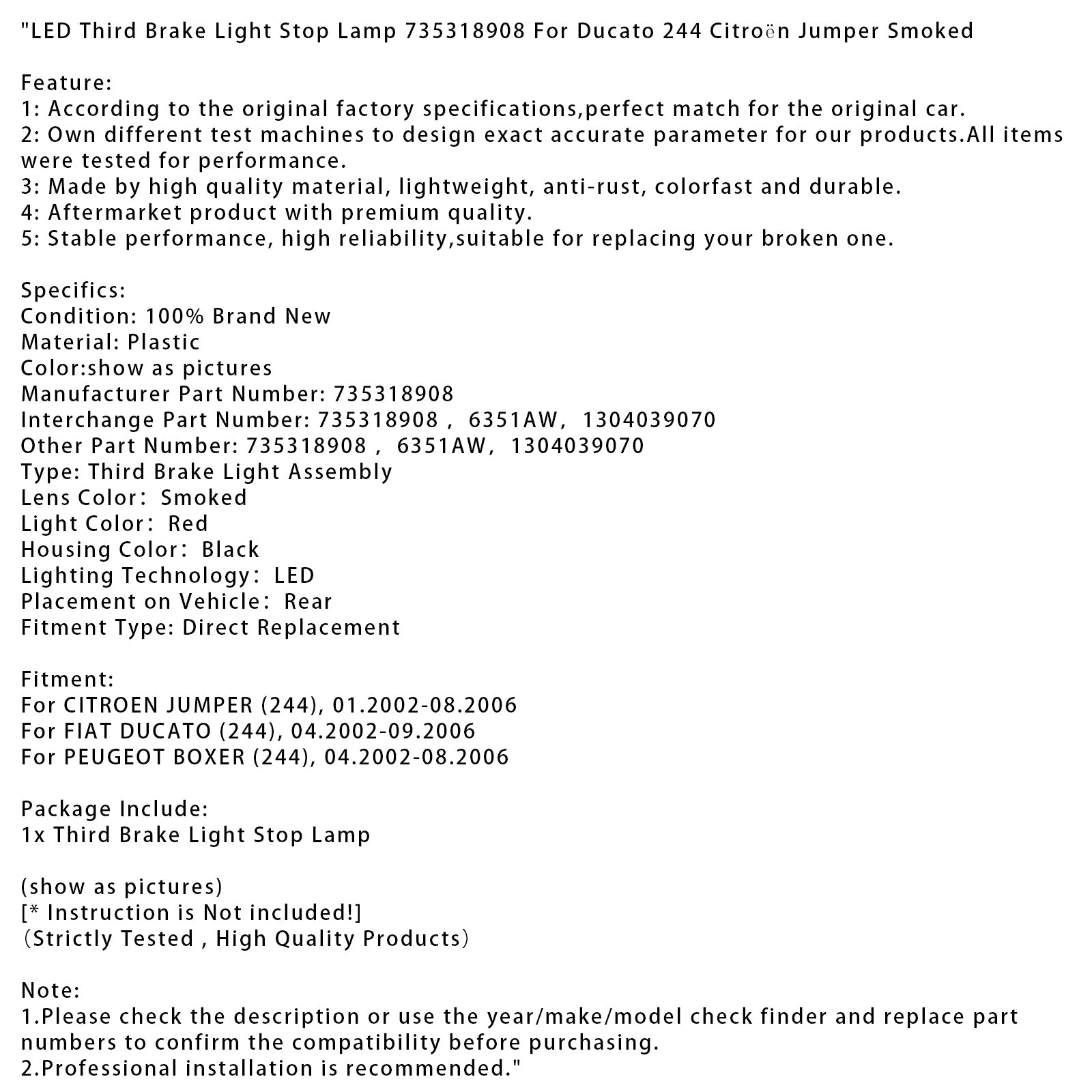 LED Third Brake Light Stop Lamp 735318908 For Ducato 244 Citro?n Jumper Smoked