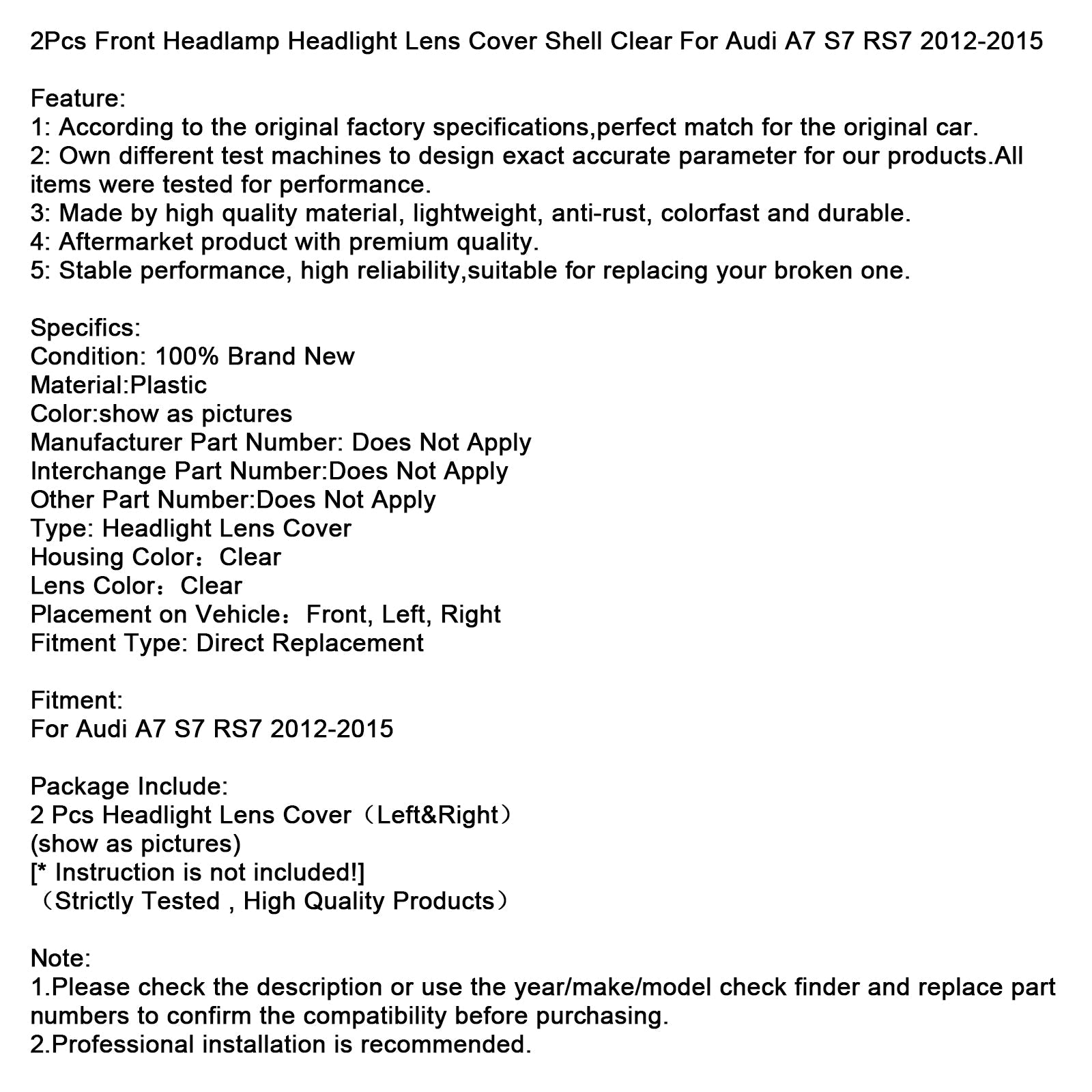 2012-2015 Audi A7 S7 RS7 2Pcs Front Headlight Lens Cover Shell Clear