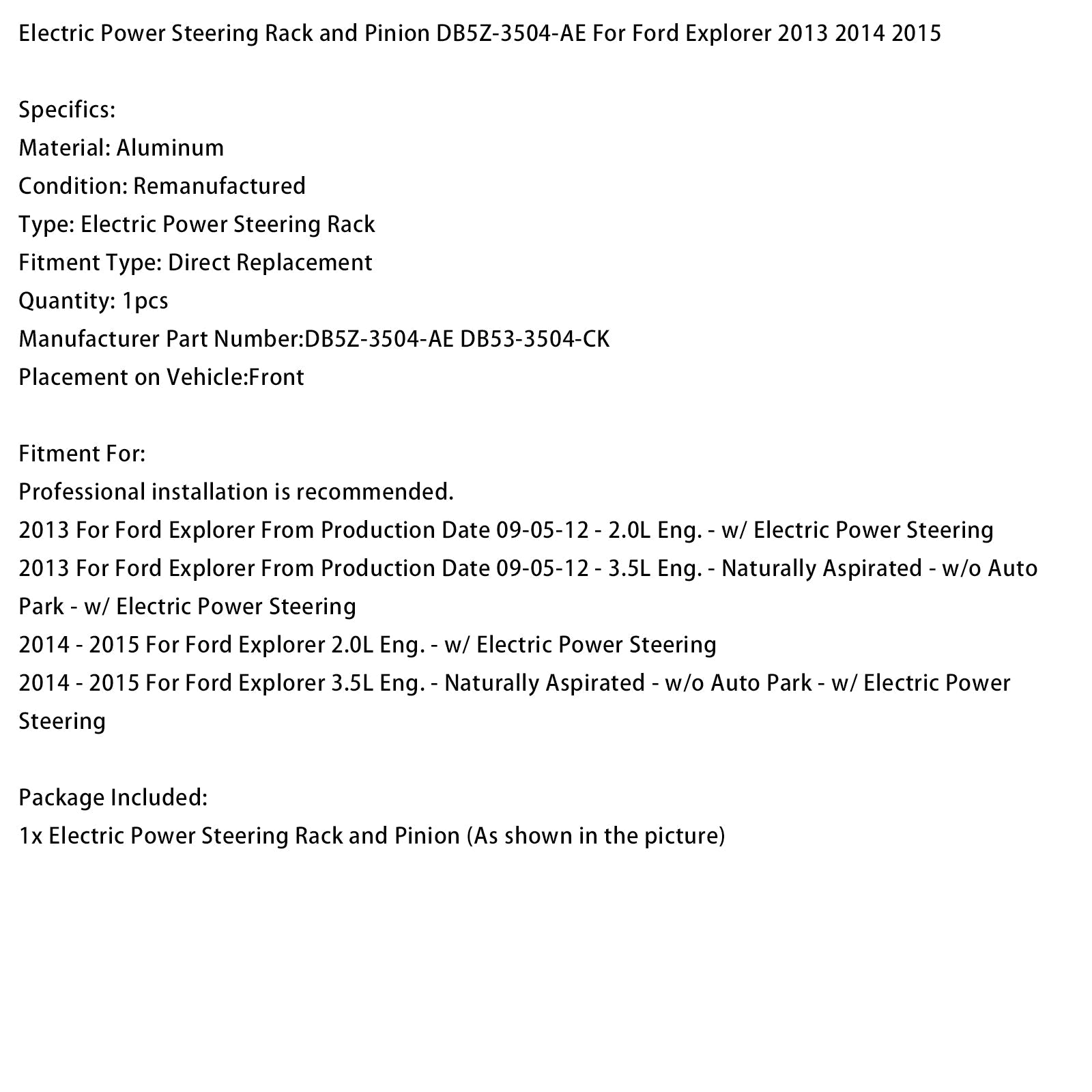 2013-2015 Ford Explorer Electric Power Steering Rack and Pinion DB5Z-3504-AE