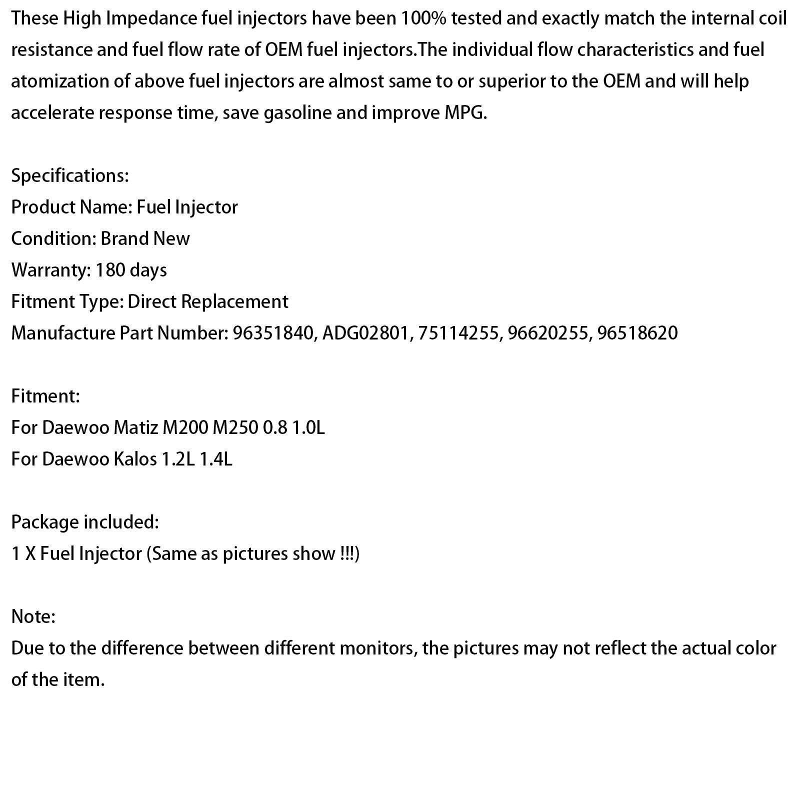 1PCS Fuel Injector 96620255 Fit Chevrolet Fit Daewoo Matiz 0.8L 1.0L 96518620