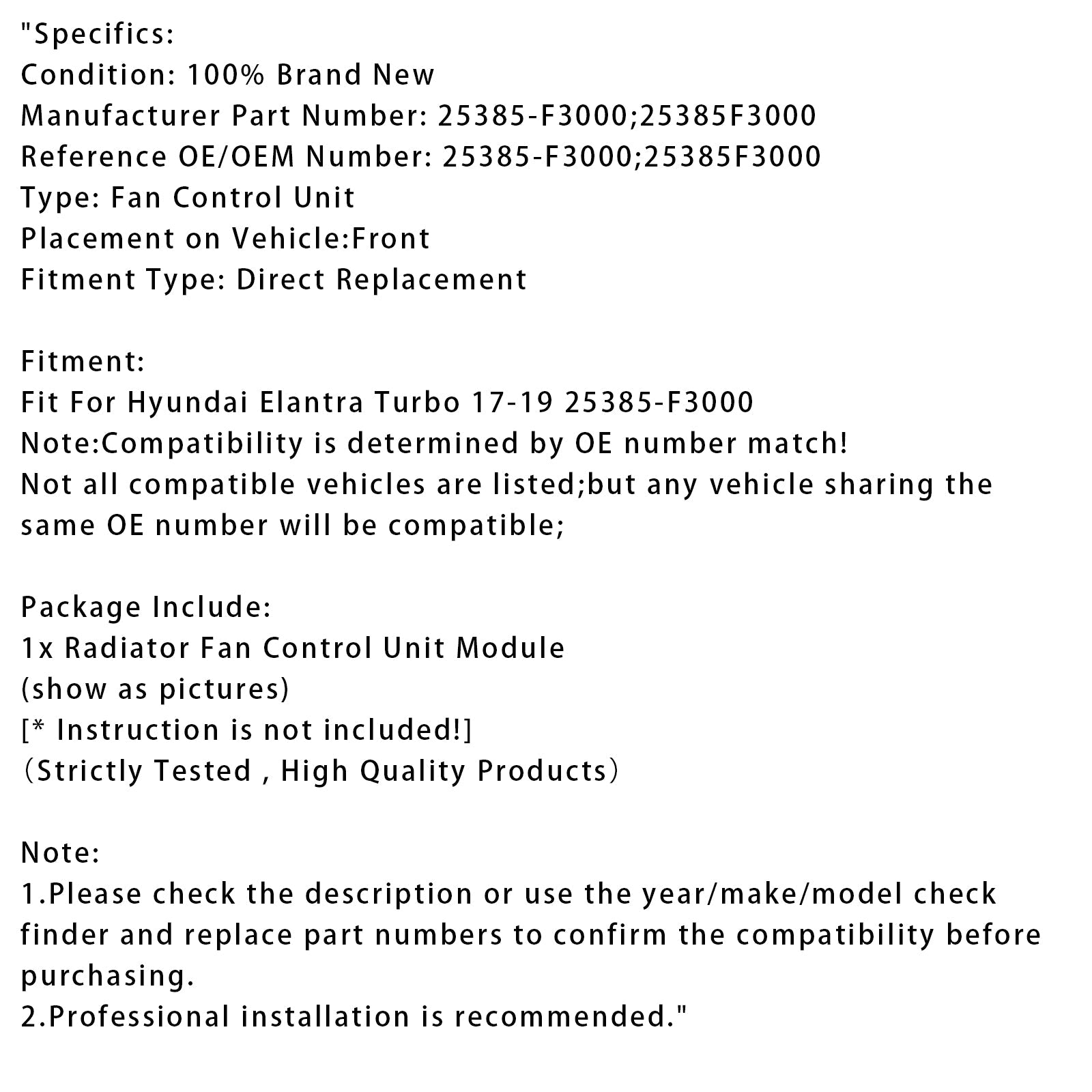 2017-2019 Hyundai Elantra Turbo Radiator Fan Control Module 25385-F3000