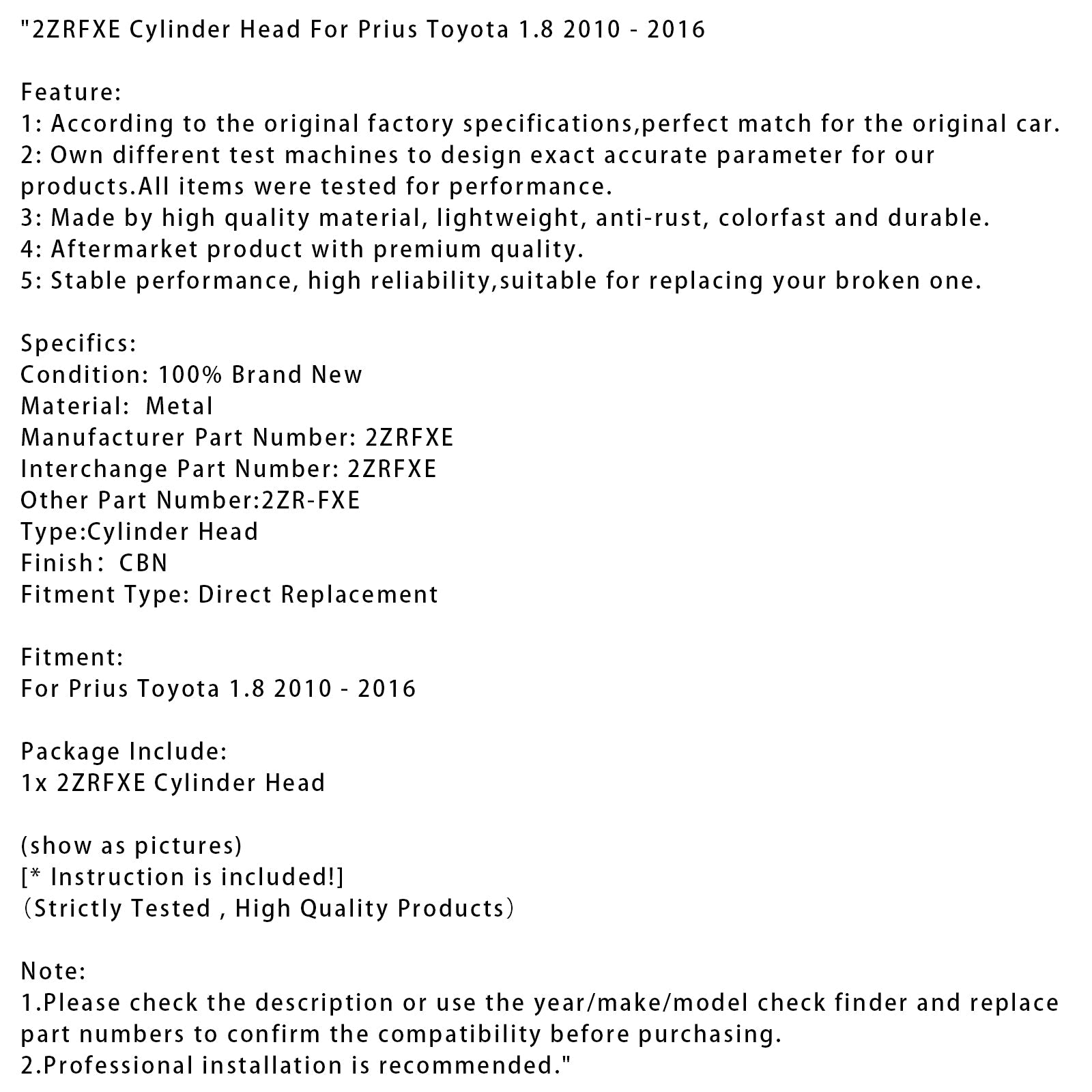 2010-2016 Prius Toyota 1.8 Cylinder Head 2ZRFXE