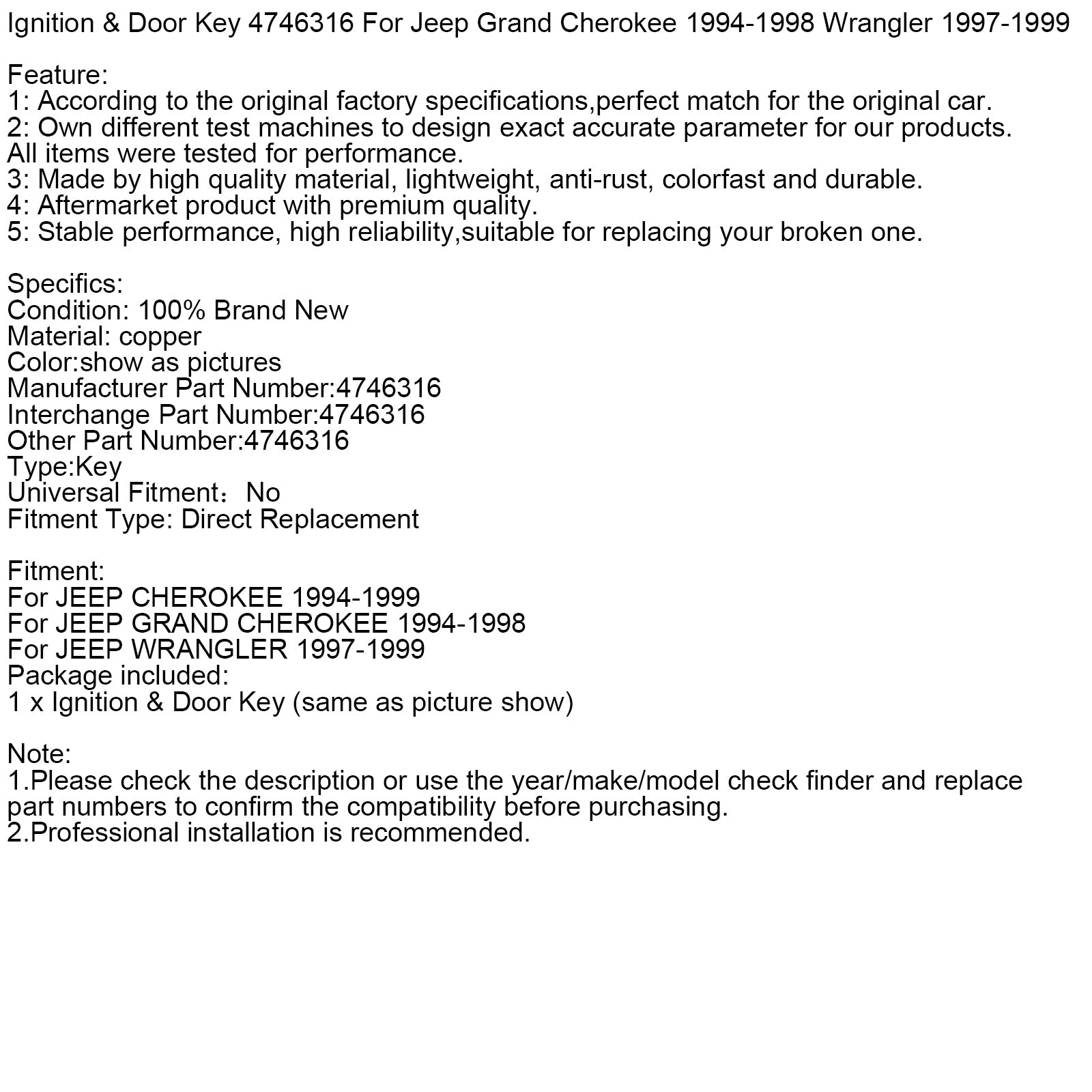Ignition & Door Key 4746316 For Jeep Grand Cherokee 1994-1998 Wrangler 97-99
