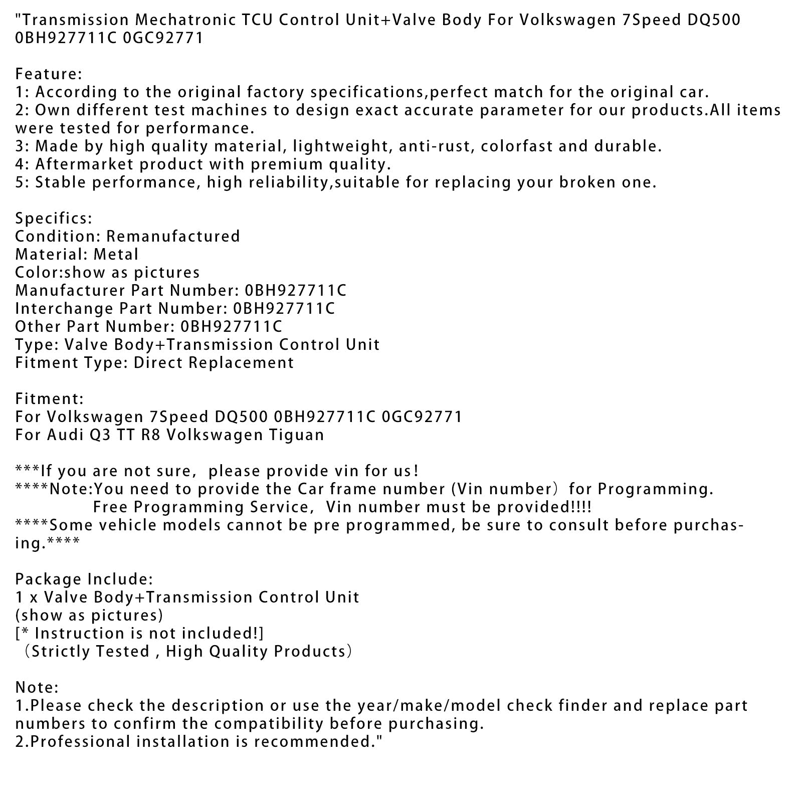 Volkswagen 7Speed Transmission Mechatronic TCU Control Unit+Valve Body 0BH927711C DQ500