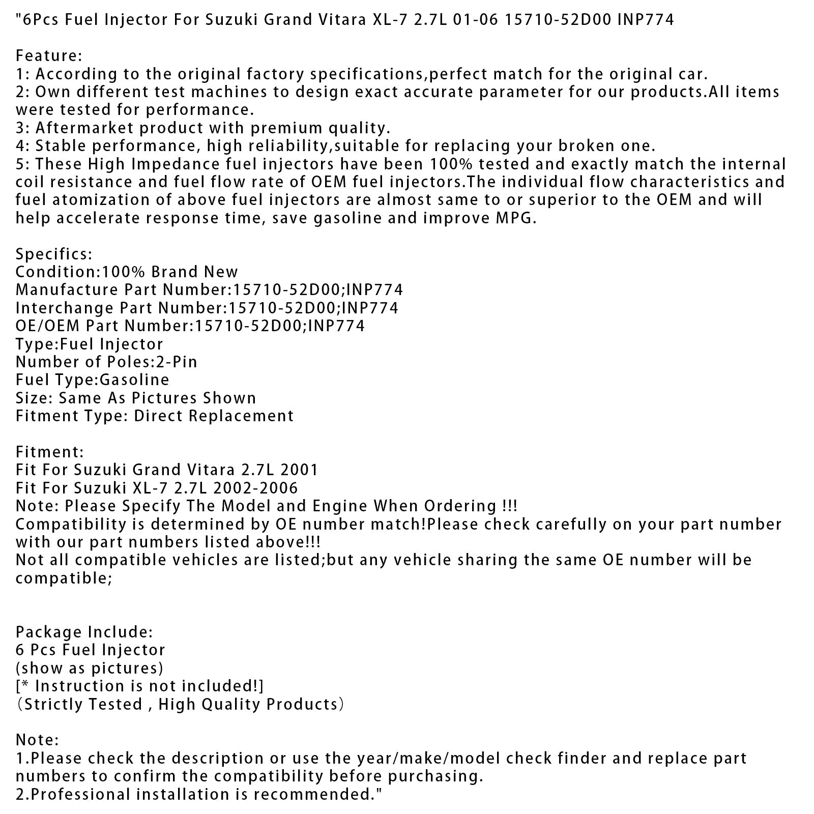 6Pcs Fuel Injector For Suzuki Grand Vitara XL-7 2.7L 01-06 15710-52D00 INP774
