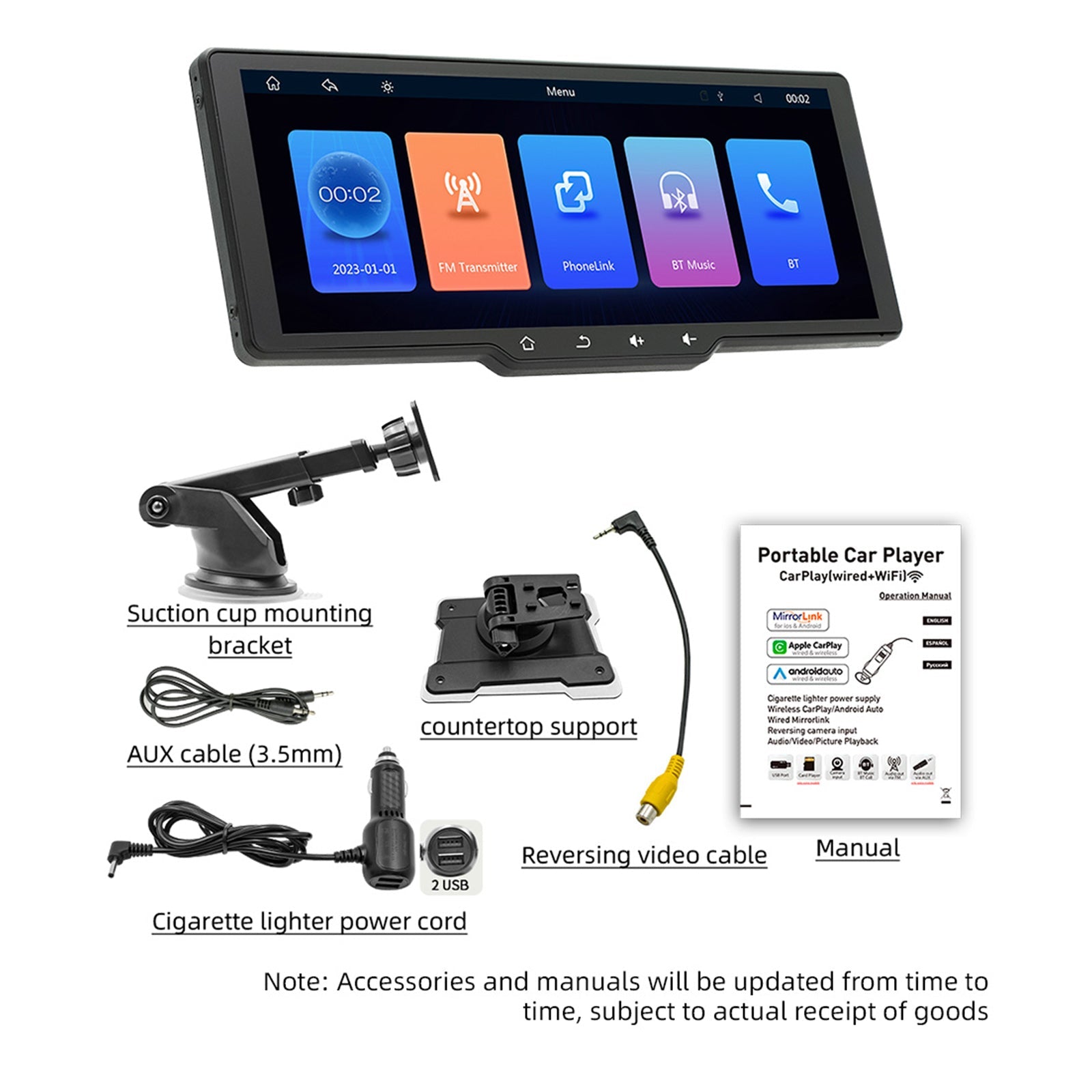 10.26" Screen Portable Wireless Carplay Car Bluetooth MP5 Player + 4 LED Camera