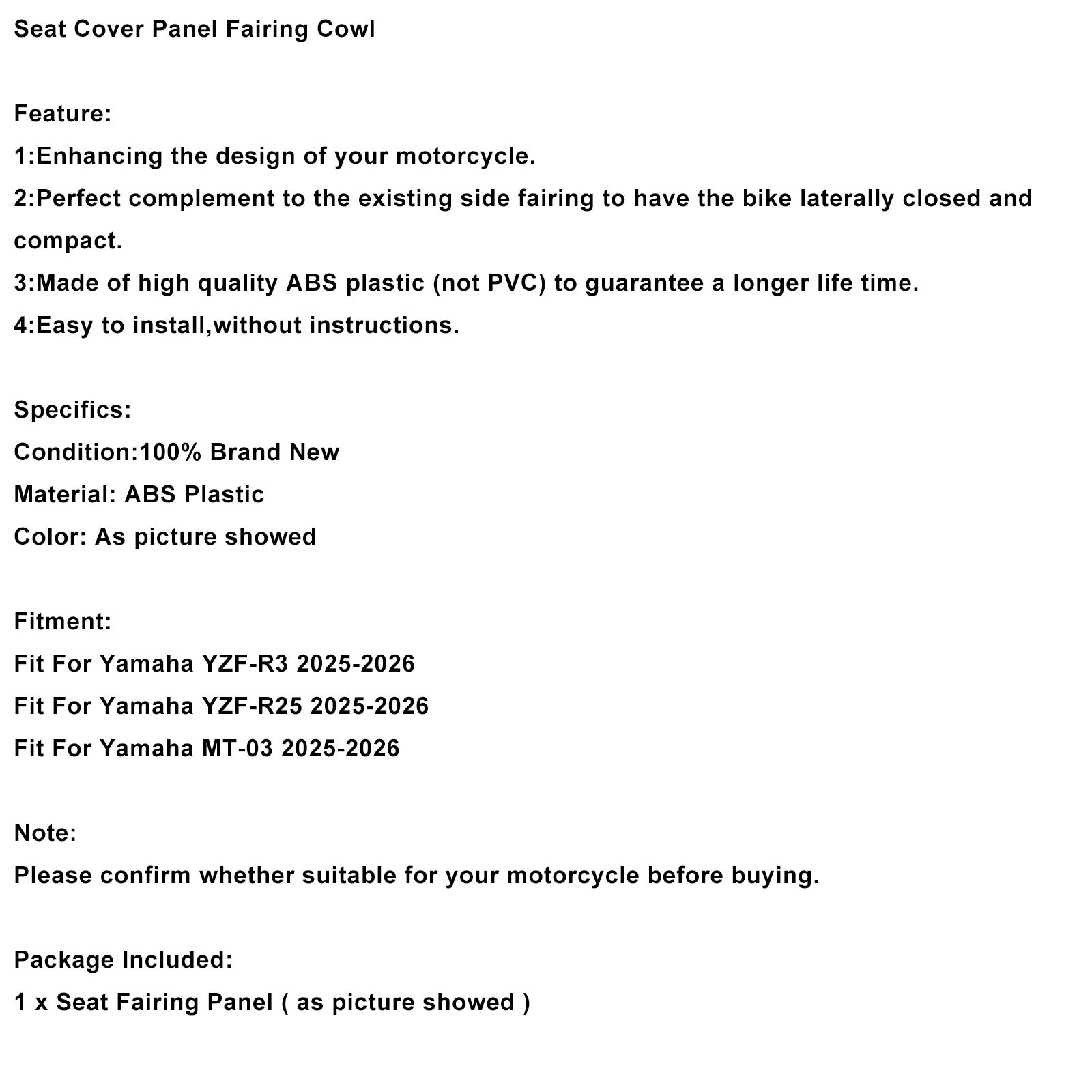 2025-2026 Yamaha YZF-R3 R25 MT-03 Seat Cover Panel Fairing Cowl