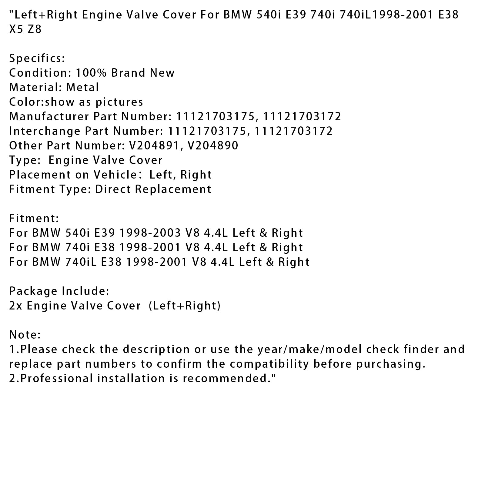 1998-2003 BMW 540i E39 V8 4.4L Left+Right Engine Valve Cover