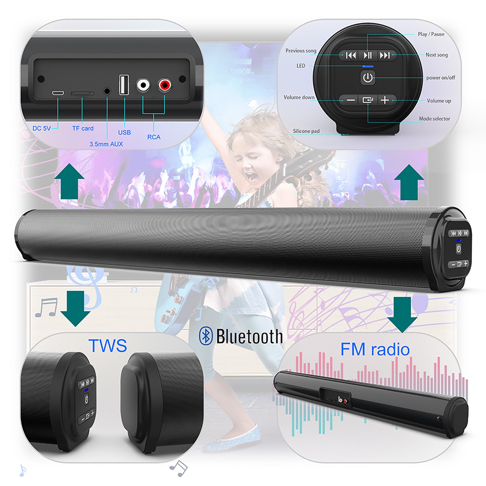 Bluetooth 5.0 Home TV Sound Bar 4 Speaker System Wireless Subwoofer 3D Surround