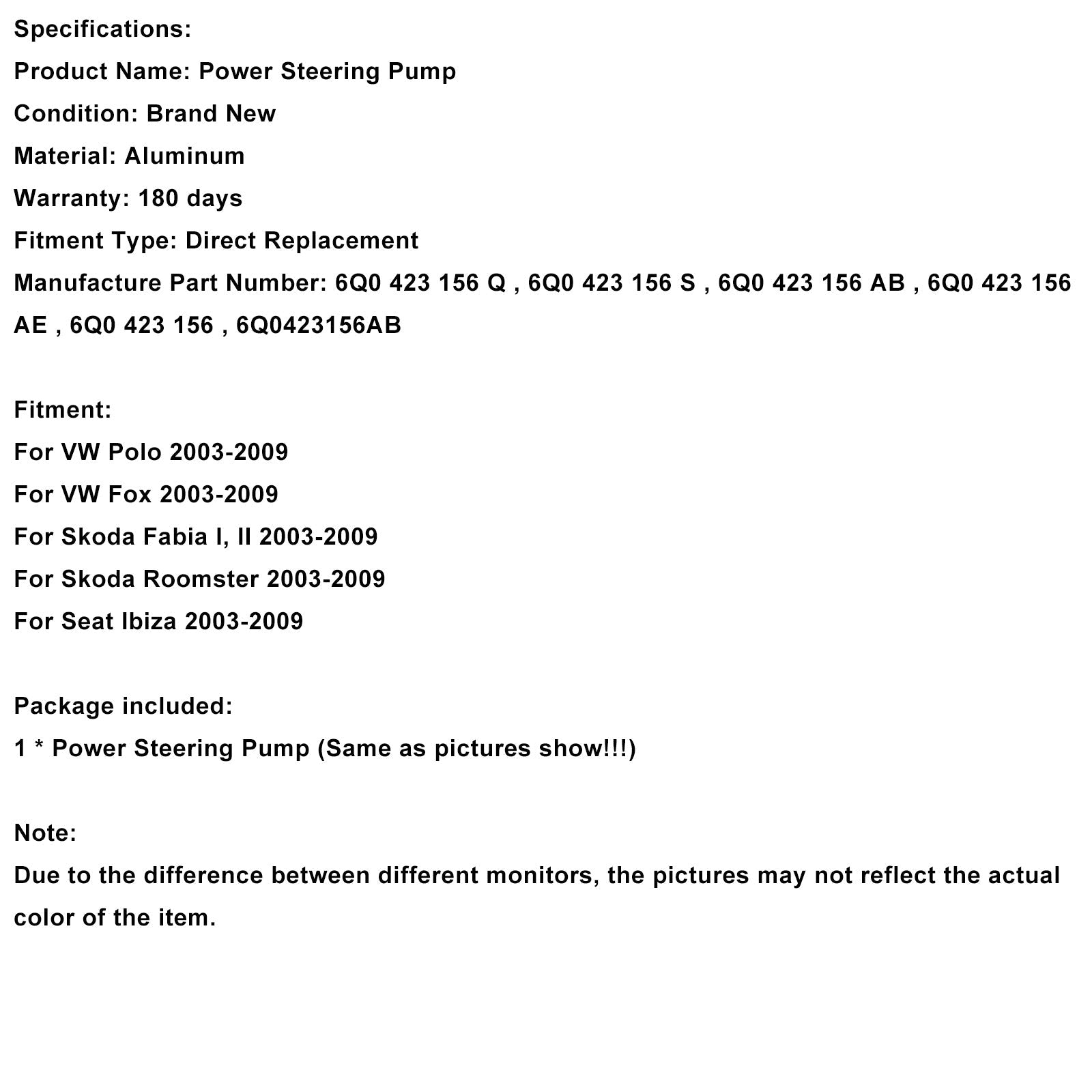 2003-2009 Skoda Fabia I, II Power Steering Pump 6Q0423156AB 6Q0423156AB