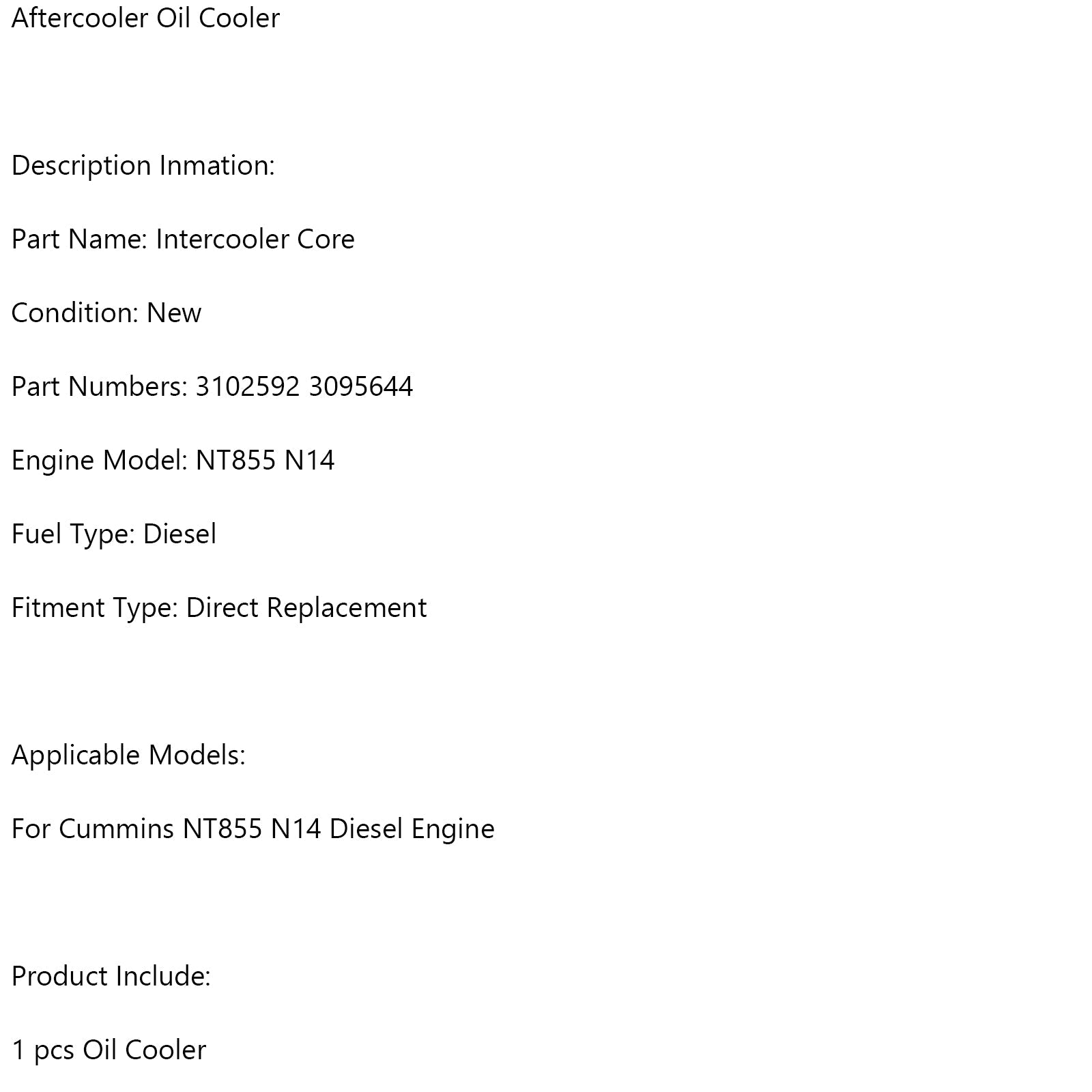 Aftercooler Oil Cooler 3102592 3095644 For Cummins NT855 N14 Diesel Engine