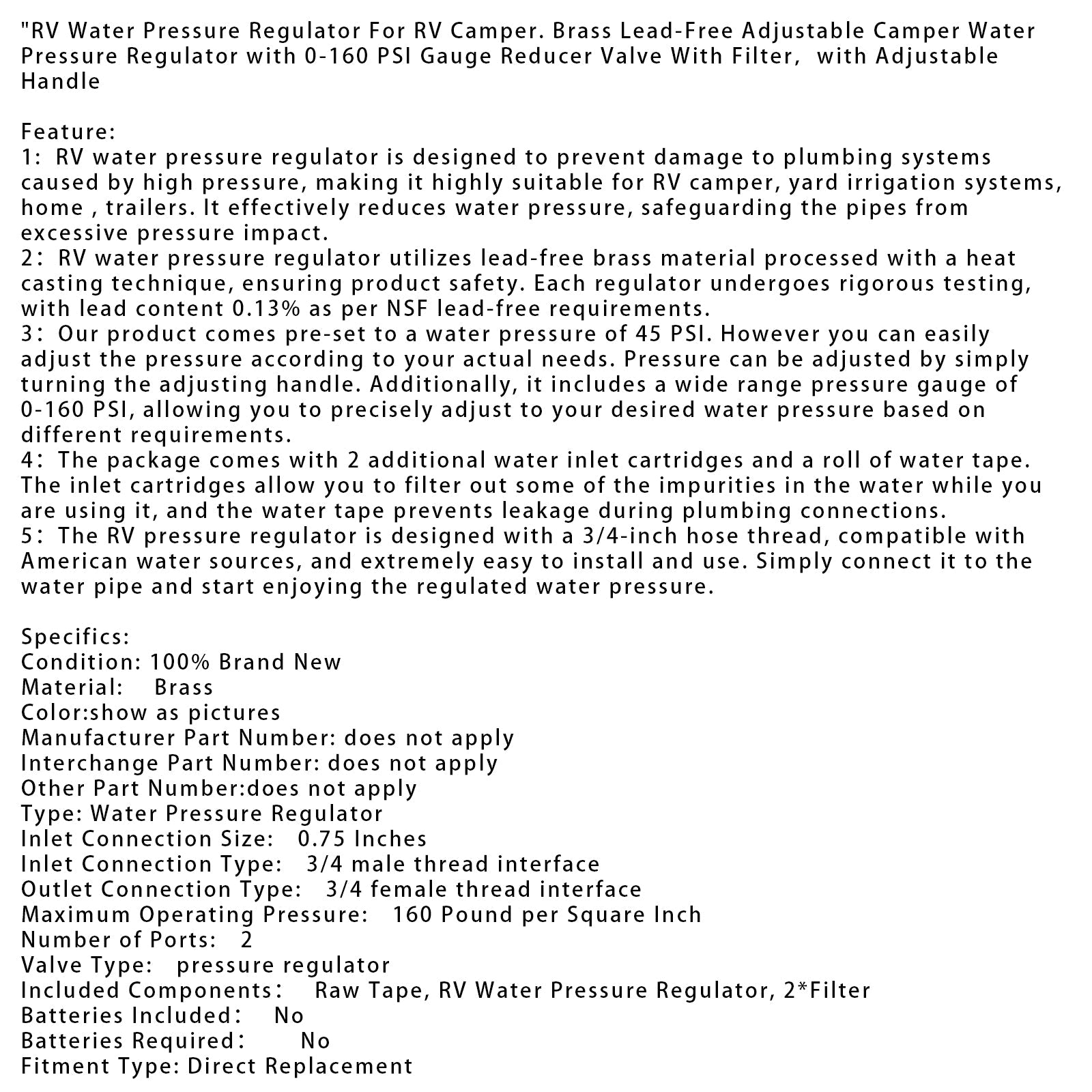 RV Water Pressure Regulator For RV Camper. Brass Lead-Free Adjustable