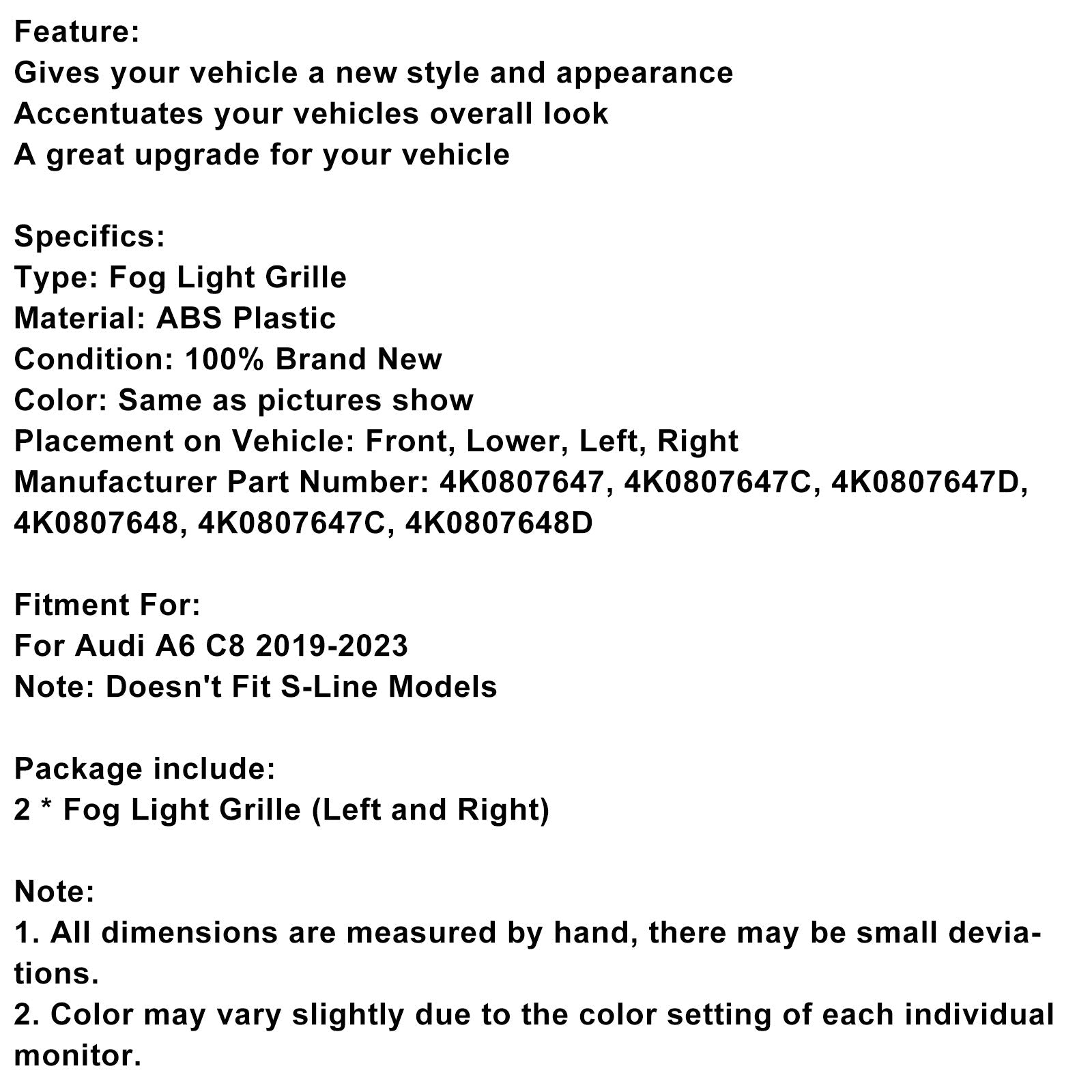 2019-2023 Audi A6 C8 2PCS Front Bumper Fog Light Cover Grille Grill 4K0807647