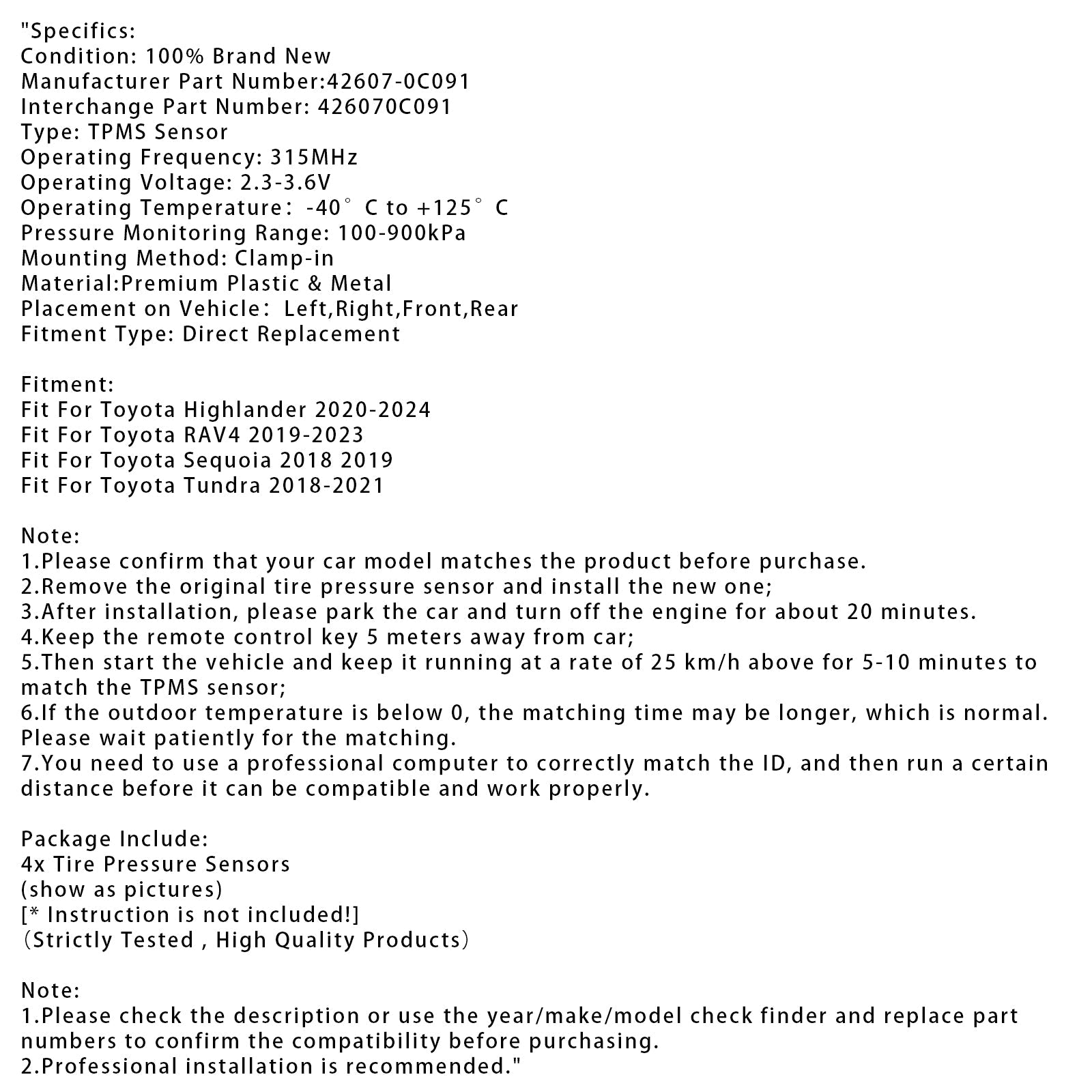 4X TPMS Tire Pressure Sensor For Toyota RAV4 Highlander Tundra 426070C091