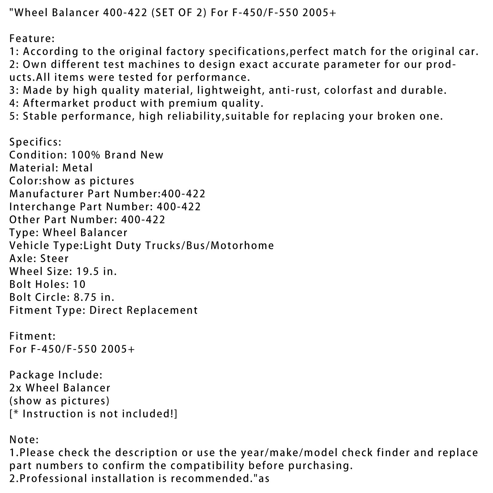 Wheel Balancer 400-422 (SET OF 2) For F-450/F-550 2005+