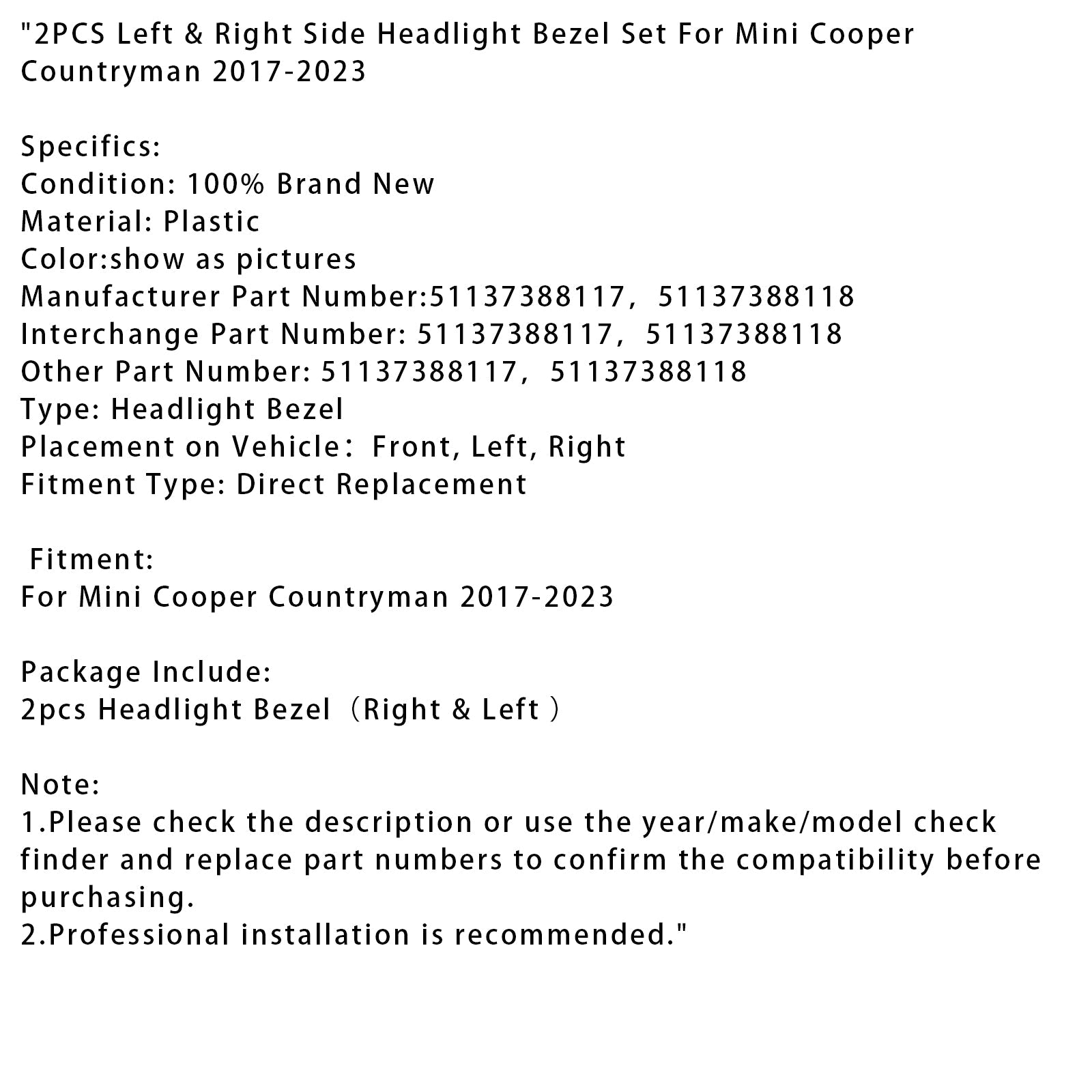 2017-2023 Mini Cooper Countryman 2PCS Left & Right Side Headlight Bezel Set