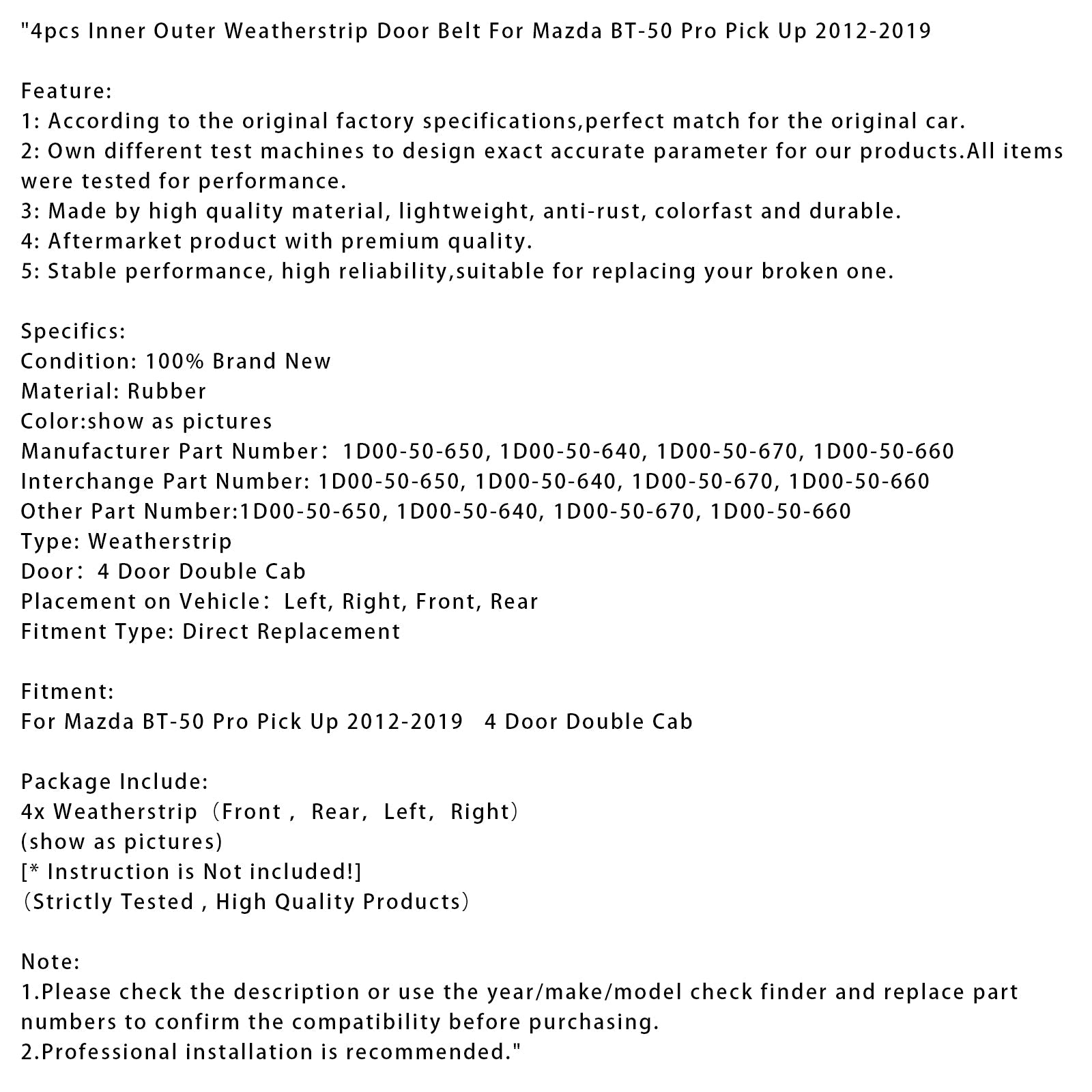 4pcs Inner Outer Weatherstrip Door Belt For Mazda BT-50 Pro Pick Up 2012-2019