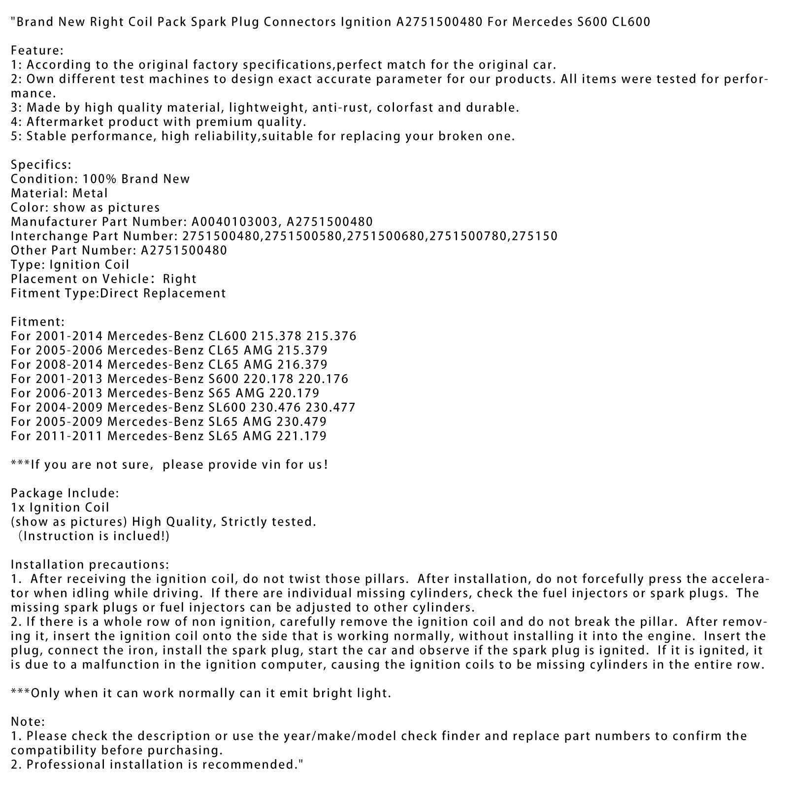 2005-2009 메르세데스-벤츠 SL65 AMG 230.479 신형 우측 코일 팩 점화 플러그 커넥터 점화 A2751500480