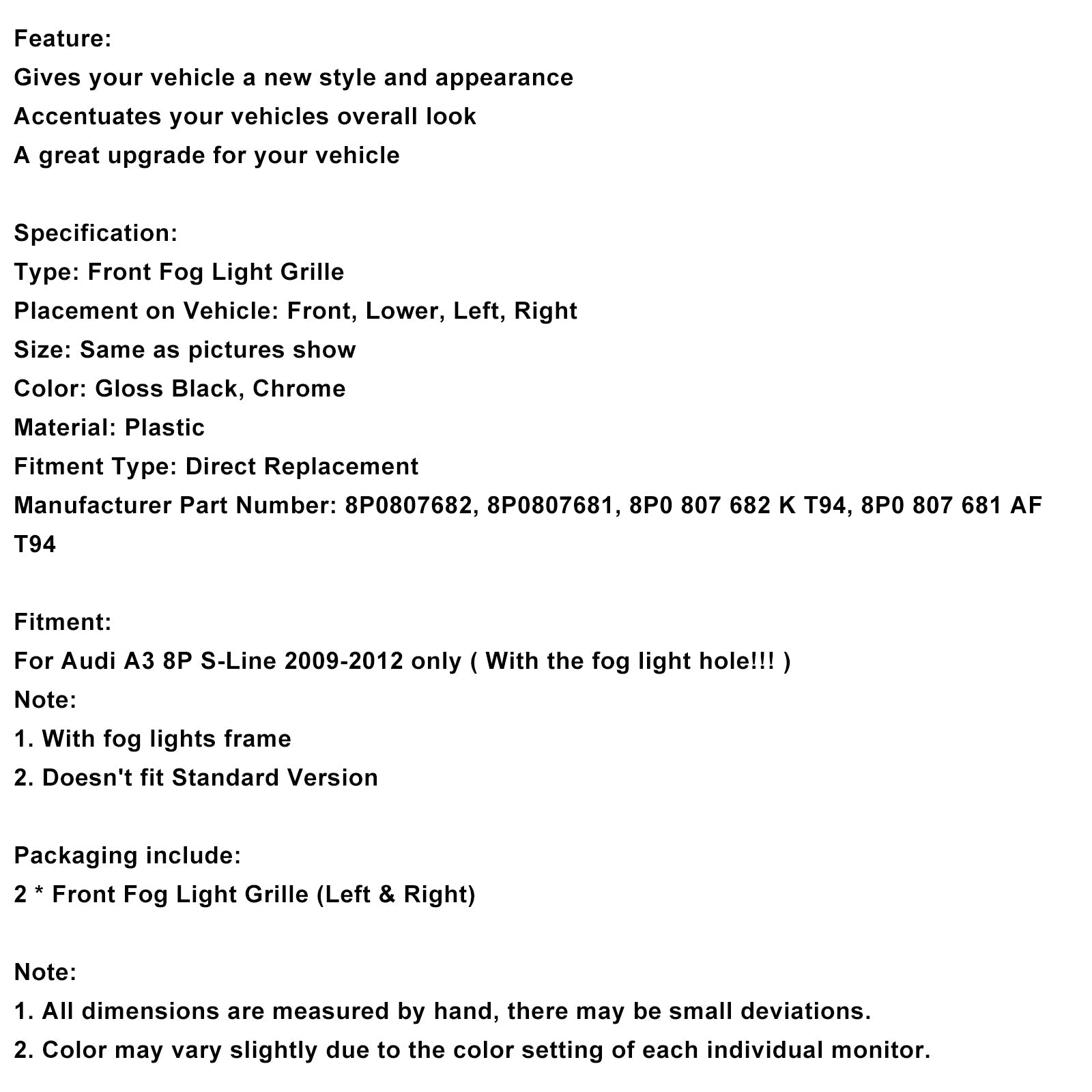 2009-2012 Audi A3 S-Line S3 Front Lower Bumper Grille Fog Light Cover 8P0807682 8P0807681