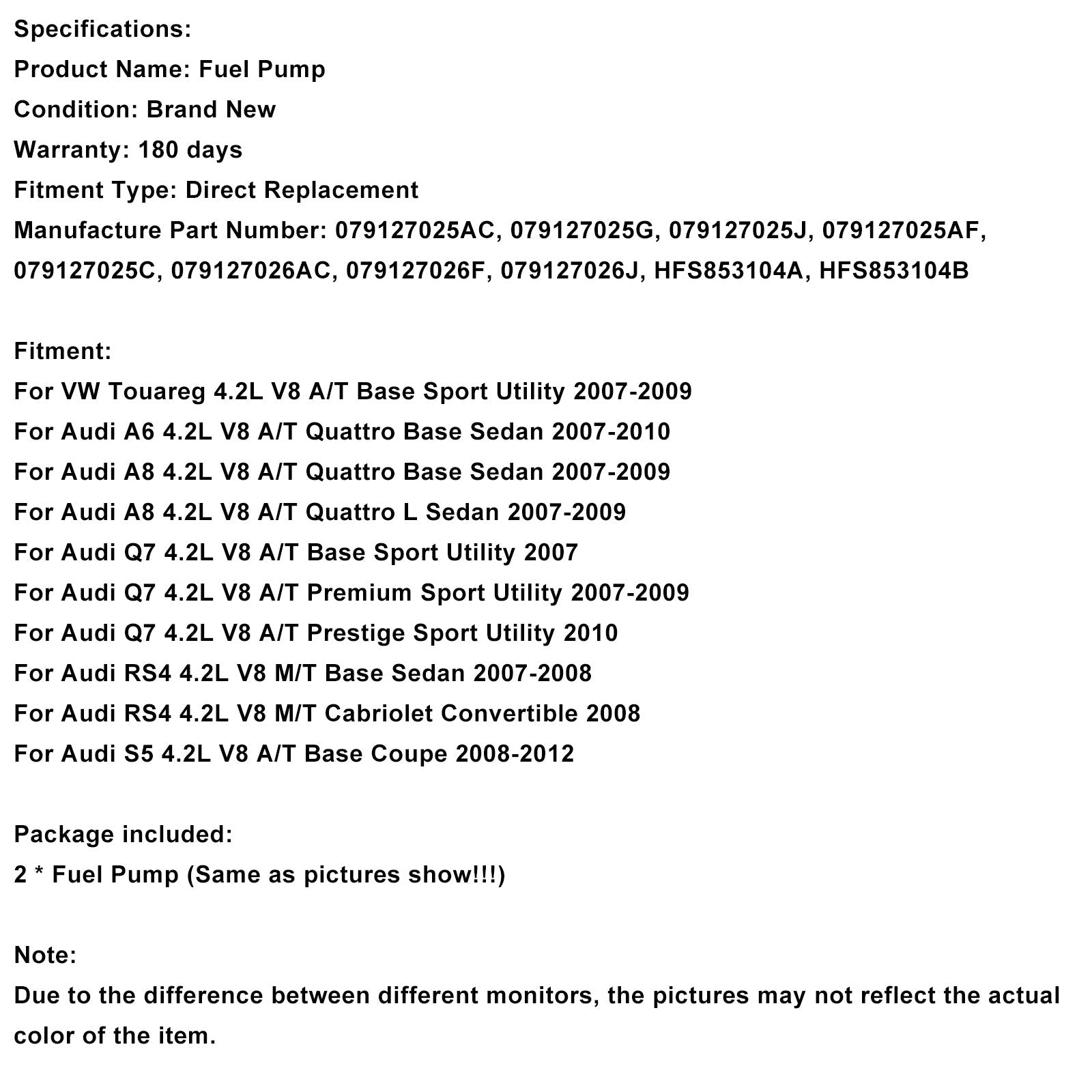 2008-2012 Audi S5 4.2L V8 A/T Base Coupe 2PCS High Pressure Fuel Pump 079127025AC