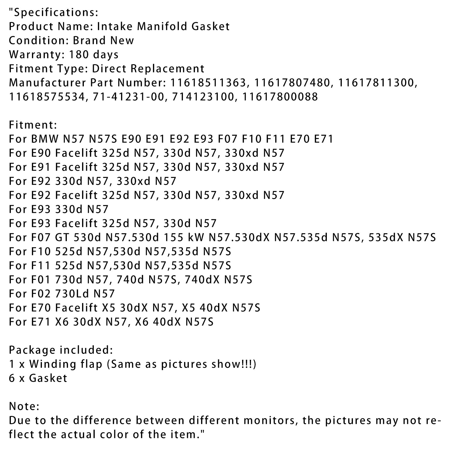 6PCS 섭취 매니 폴드 개스킷 1167807480 FIT BMW E90-93 F10 F11 F07 X5 X6 N57