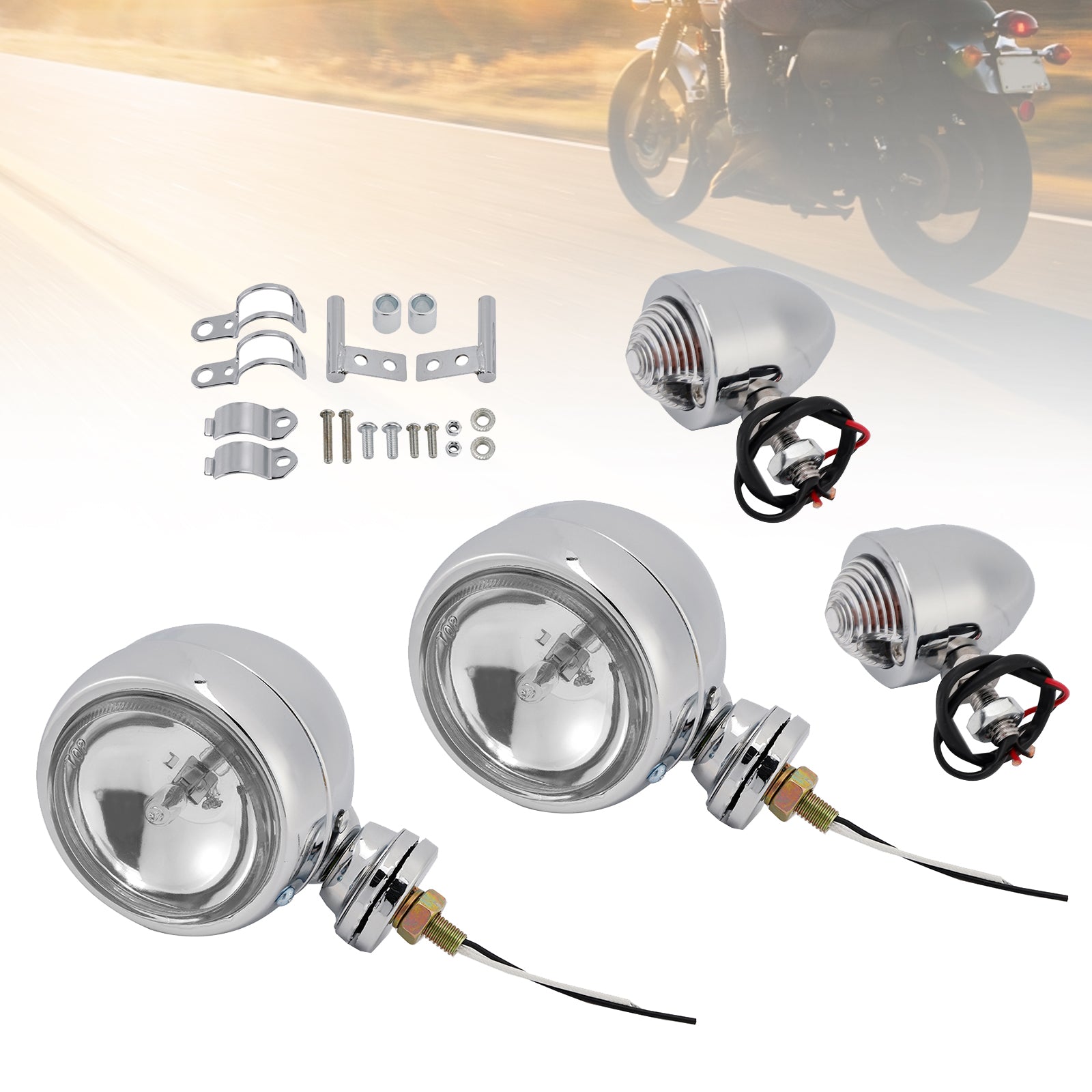 Motorcycle Beam Headlight Fog Lamp Custom Chrome #D19 For Racer Bobber Chopper
