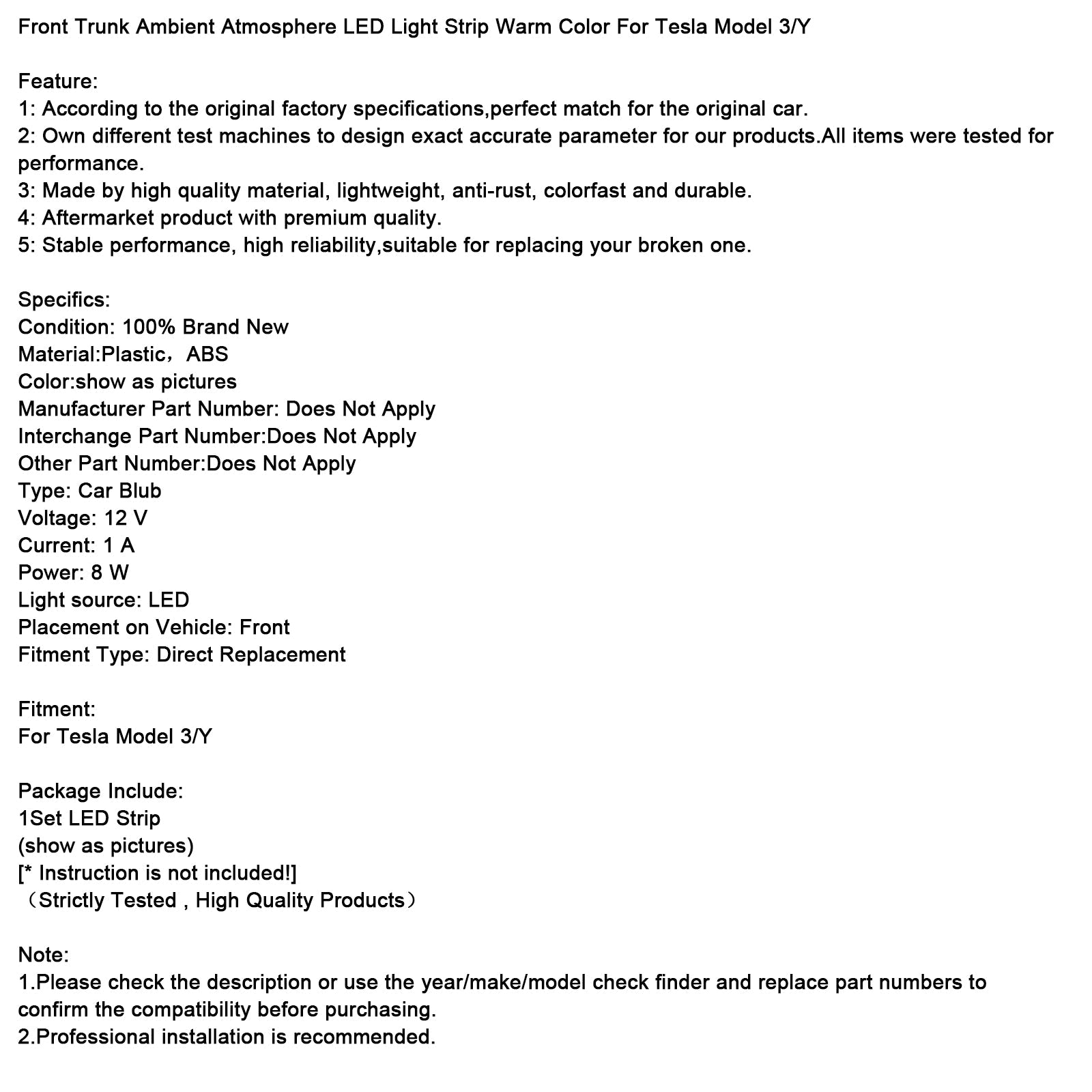 Front Trunk Ambient Atmosphere LED Light Strip Warm Color For Tesla Model 3/Y/S/X