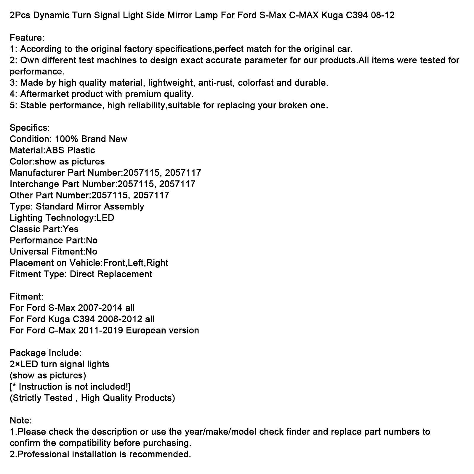 2Pcs Dynamic Turn Signal Light Side Mirror Lamp For Ford S-Max C-MAX 08-12