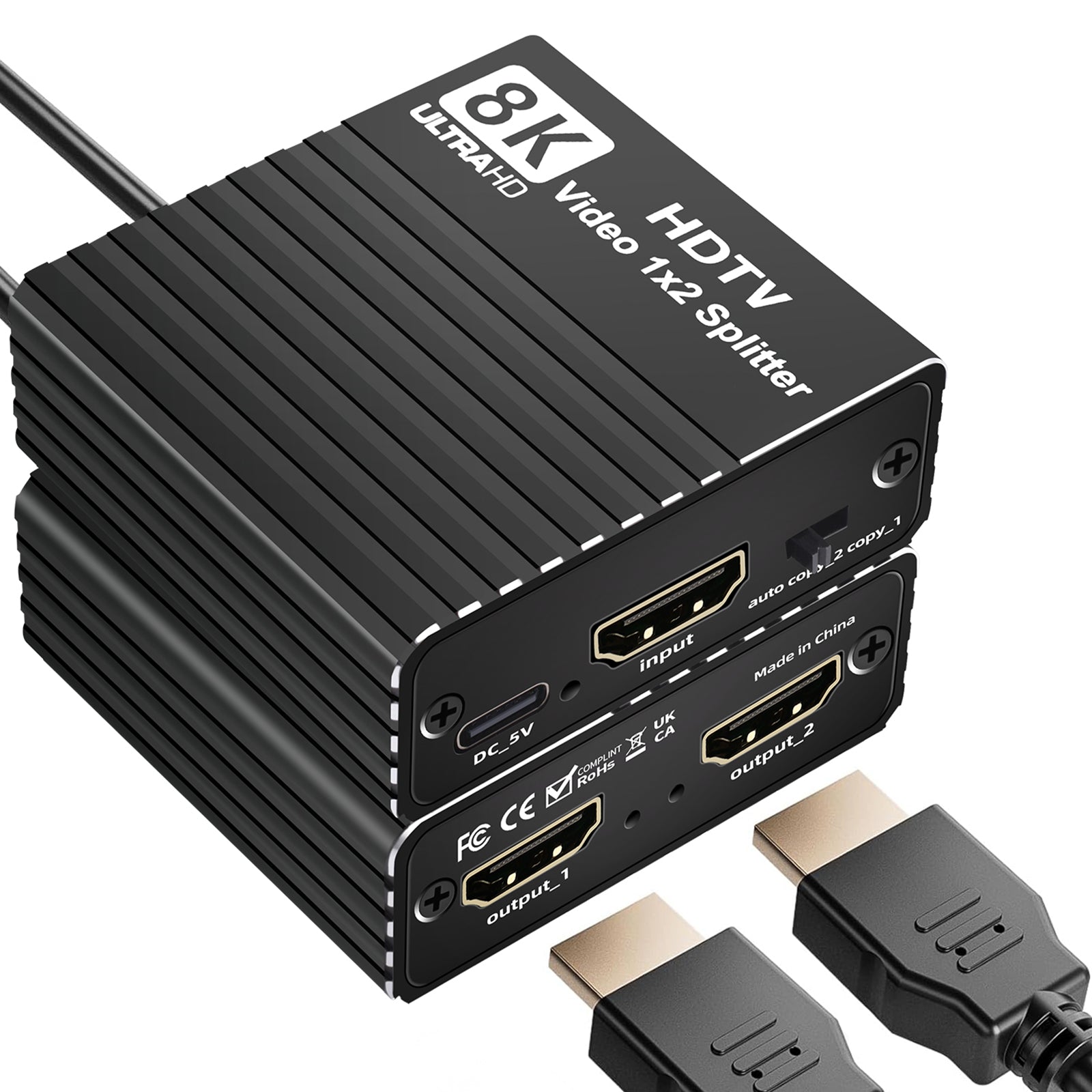 8K HDMI 1 to 2 Splitter HD2.1 8K60hz/4K120hz/1080P240hz with EDID Splitter 1x2