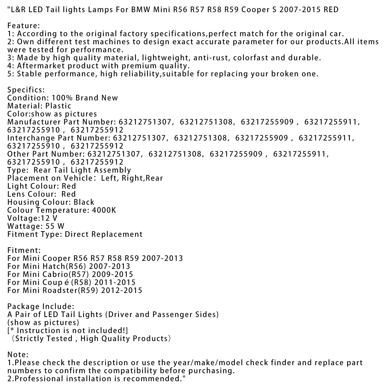 2009-2015 Mini Cabrio(R57) L&R LED Tail lights Lamps 63212751307 63217255909
