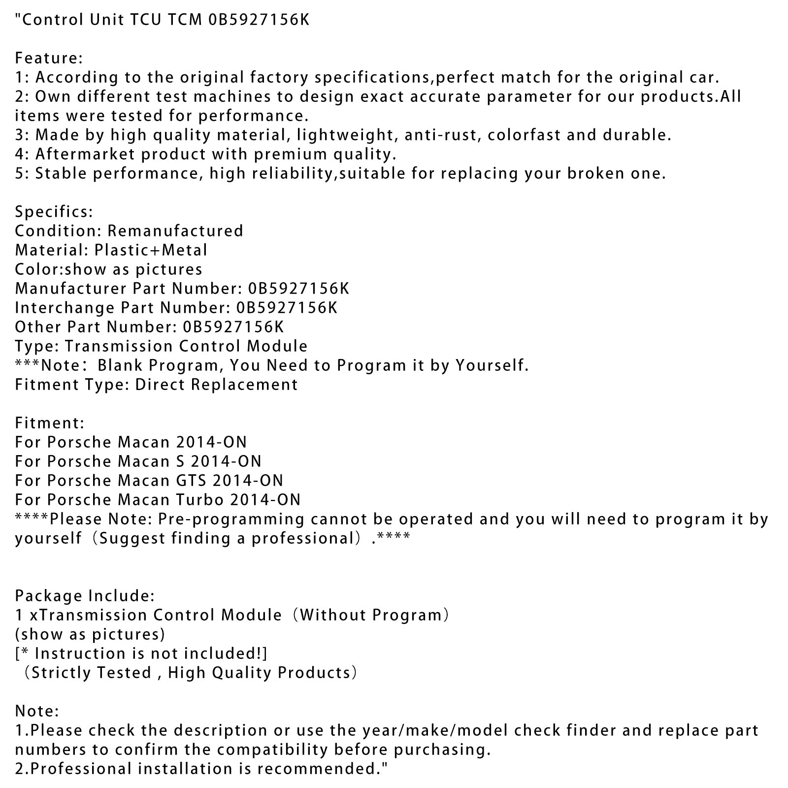 2014-ON Porsche Macan Turbo Control Unit TCU TCM 0B5927156K