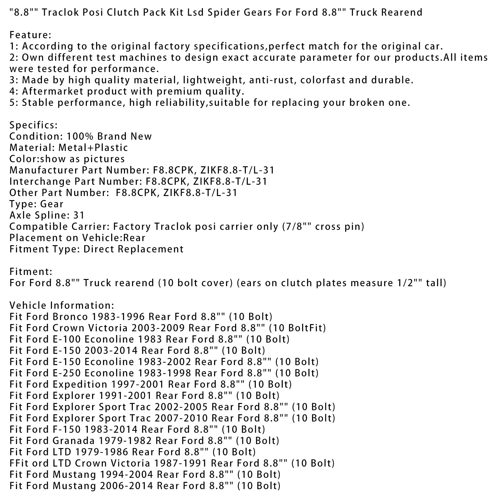 8.8" Traclok Posi Clutch Pack Kit Lsd Spider Gears For Ford 8.8" Truck Rearend