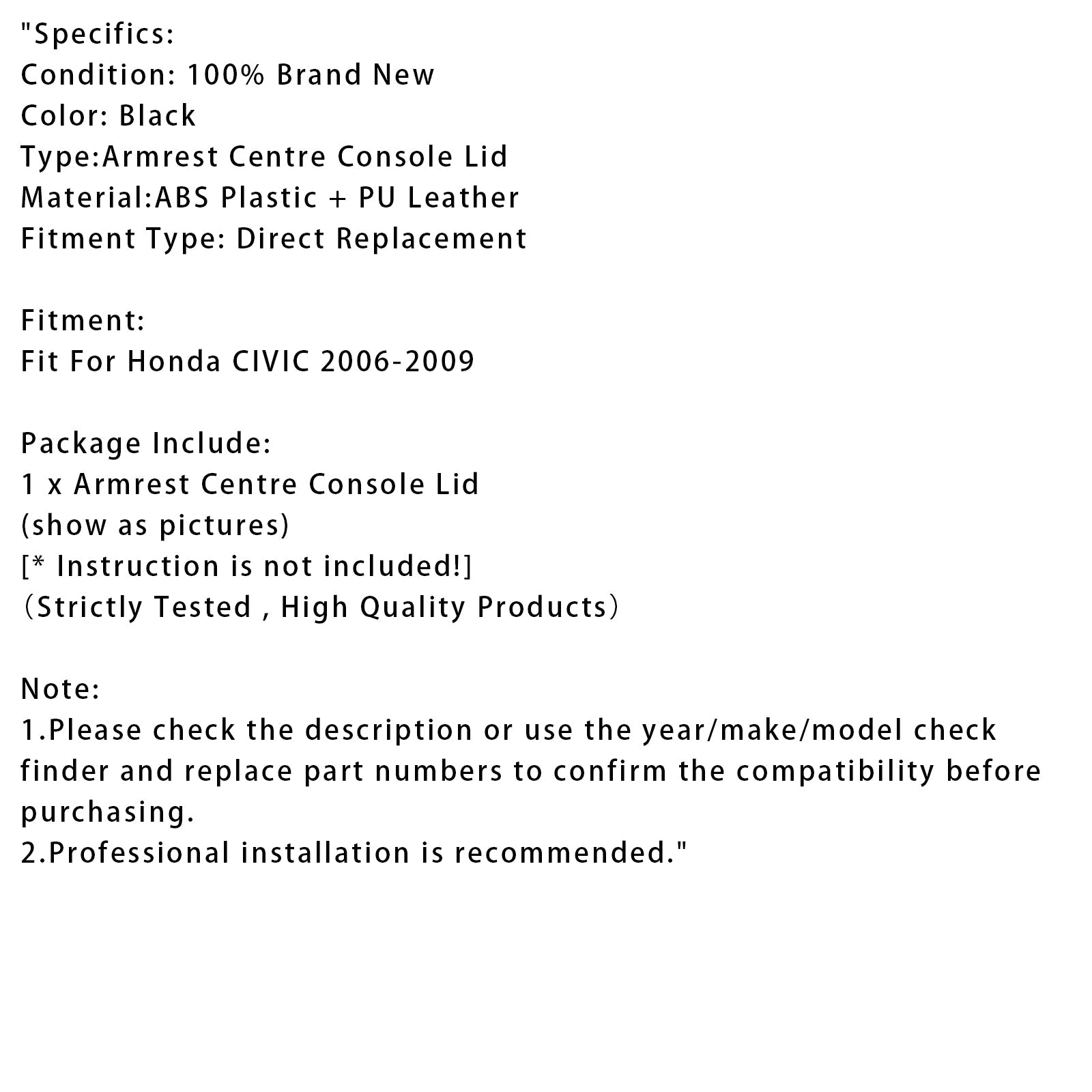 2006-2009 Honda CIVIC Black Leather Armrest Centre Console Lid