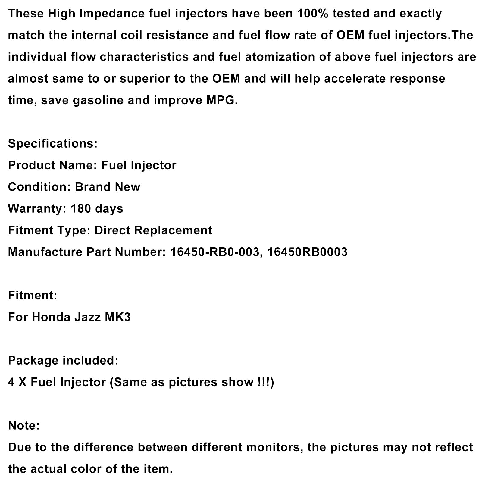 Honda Jazz MK3 Petrol 4PCS Fuel Injector 16450-RB0-003 16450RB0003