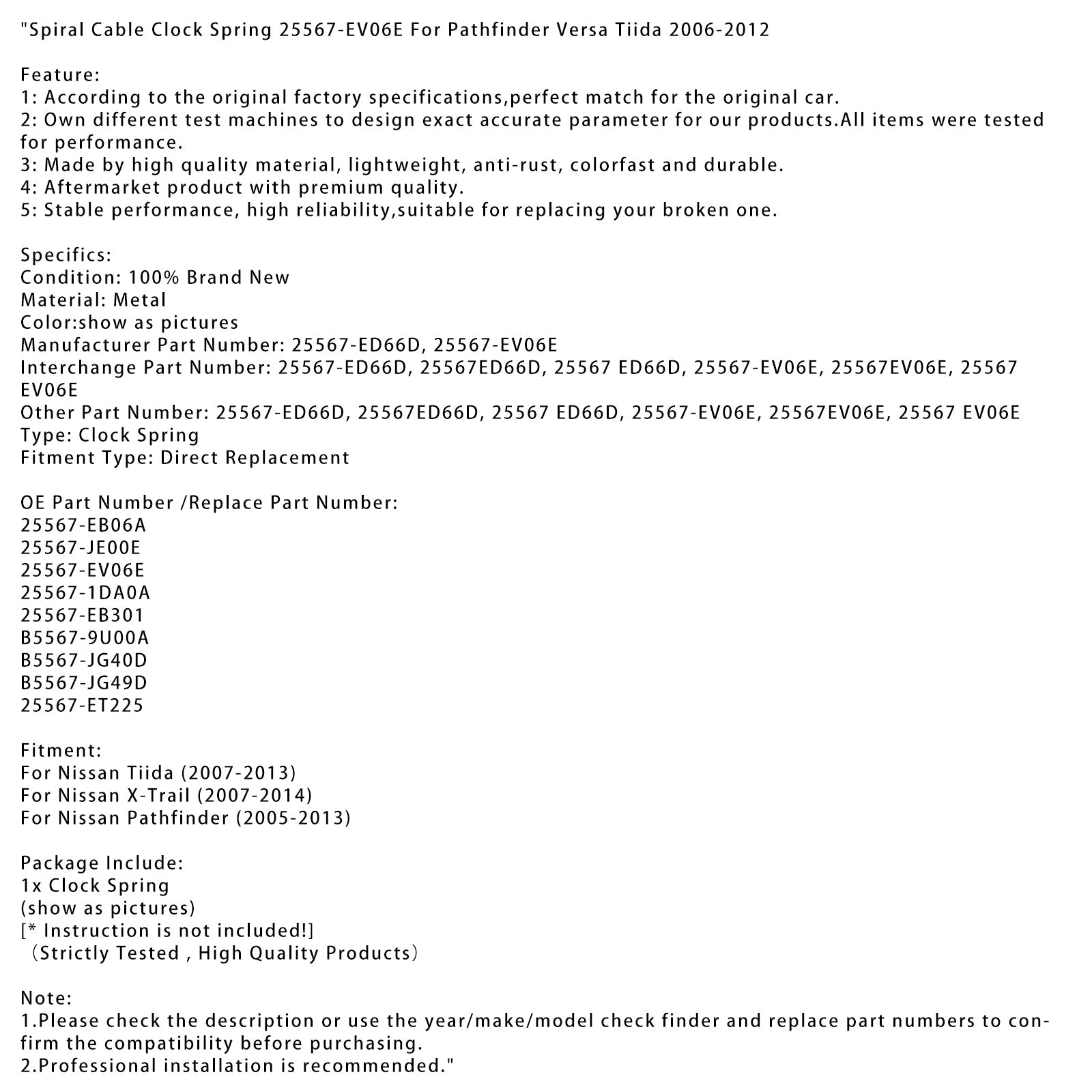 Spiral Cable Clock Spring 25567-EV06E For Pathfinder Versa Tiida 2006-2012