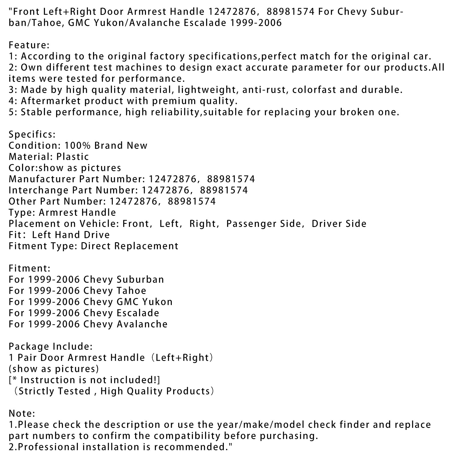 Front Left+Right Door Armrest Handle For Chevy Suburban Tahoe Avalanche 99-2006