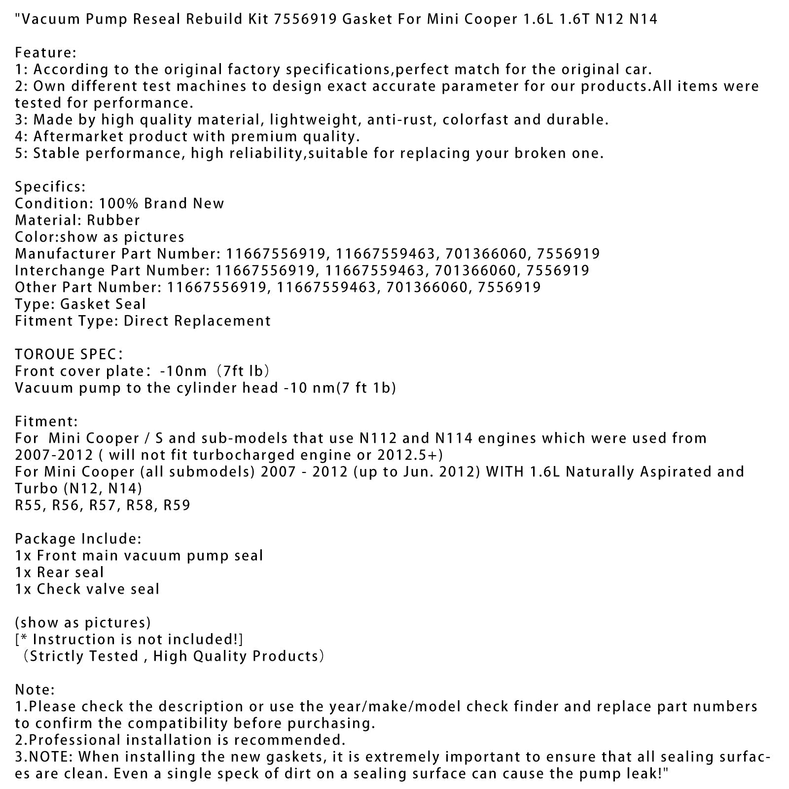 Vacuum Pump Reseal Rebuild Kit 7556919 Gasket For Mini Cooper 1.6L 1.6T N12 N14