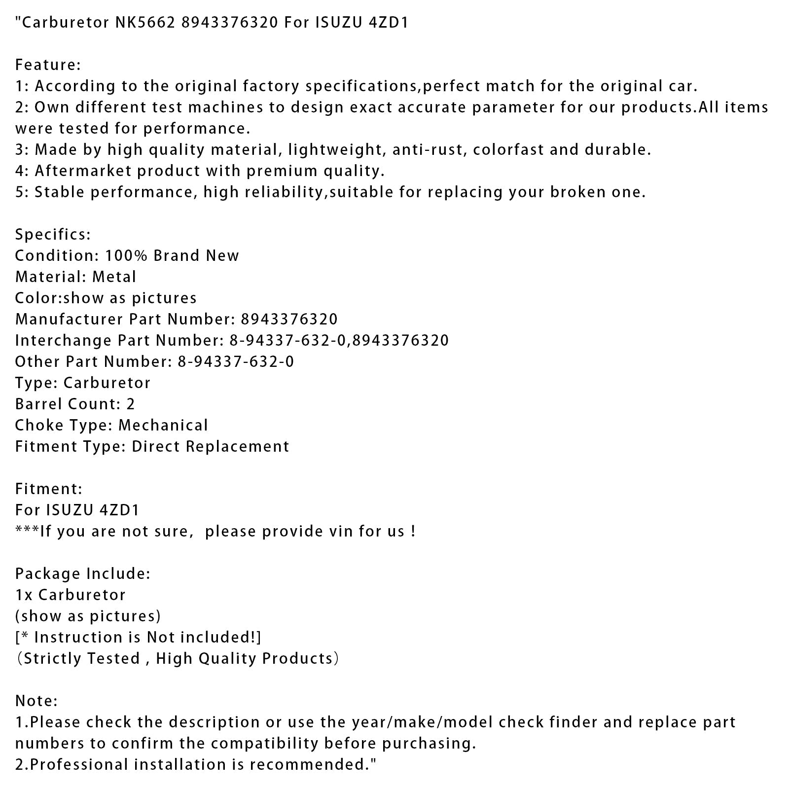 ISUZU 4ZD1 Carburetor NK5662 8943376320 8-94337-632-0