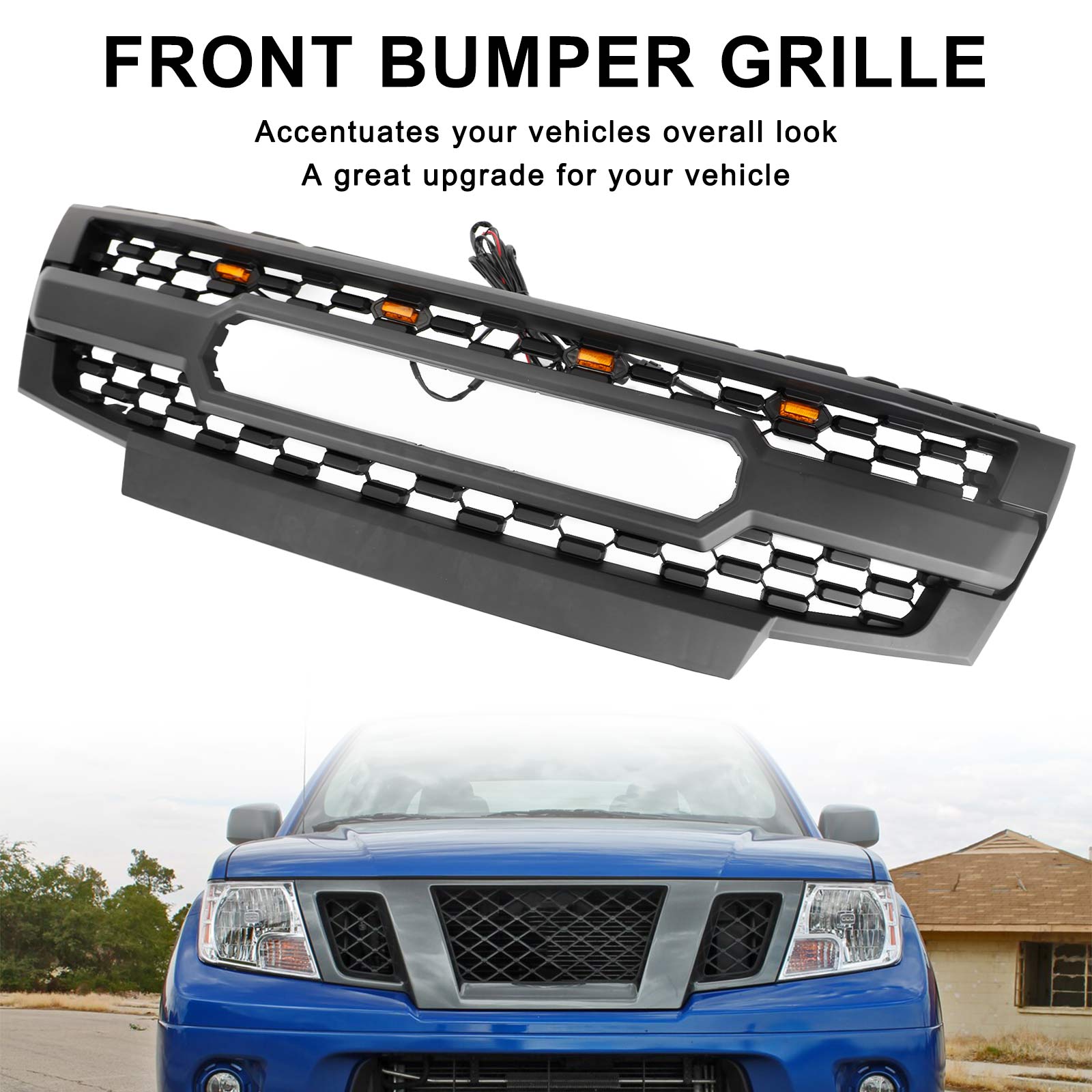 Black Front Bumper Grille Grill Fit Nissan Frontier 2009-2019 W/ Led Lights