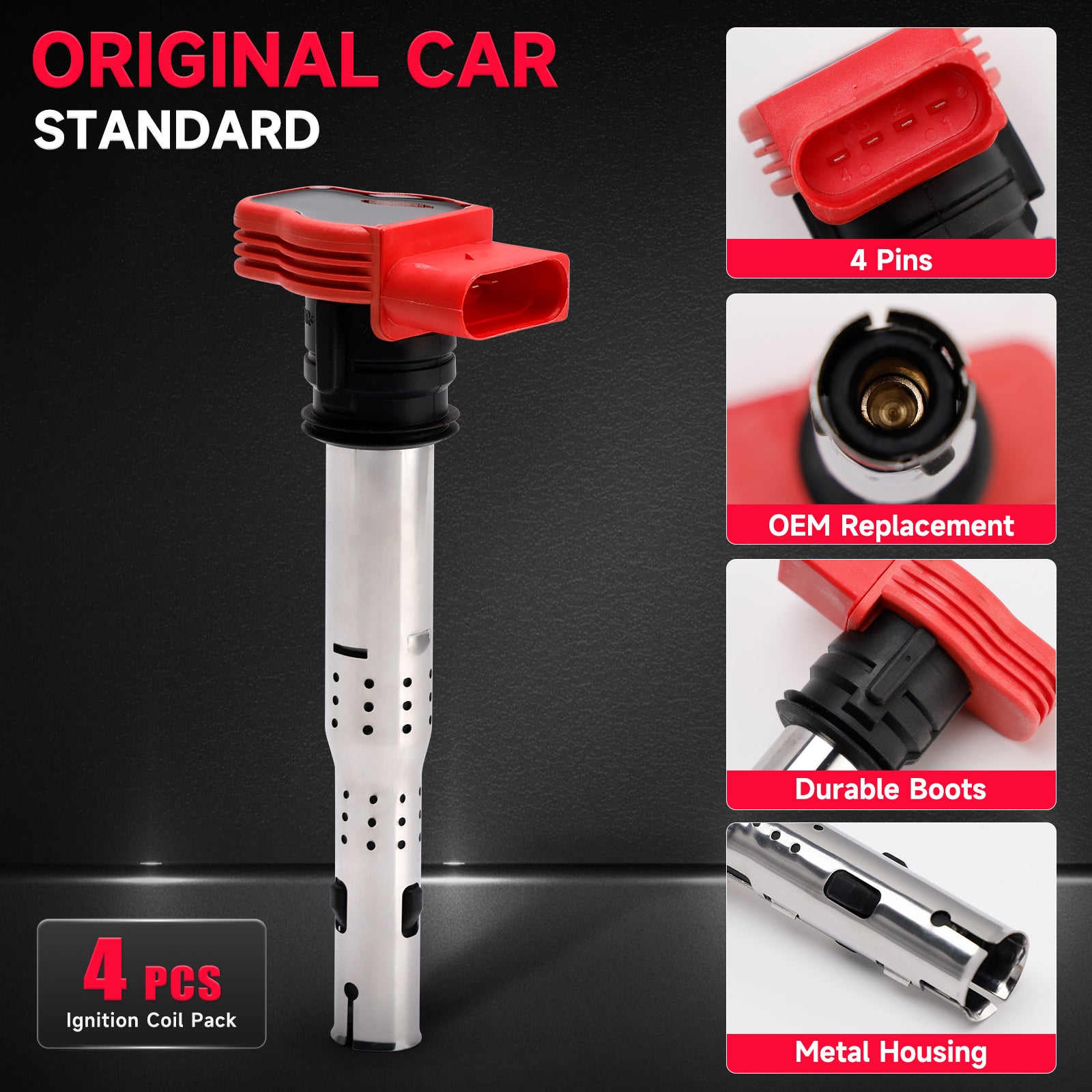 4x Red Coil Packs Set For Audi A3 A4 A5 A6 Q5 TT 06E905115 06D905115 06E905115E