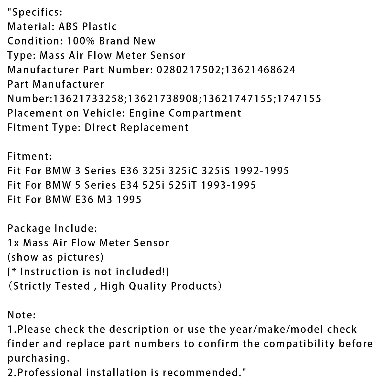 1992-1995 BMW 3 Series E36 325i 325iC 325iS Mass Air Flow Meter Sensor