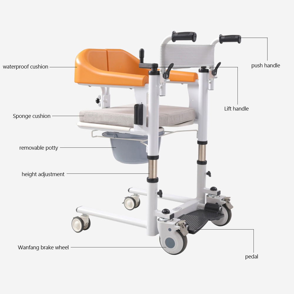 Silla para pacientes Silla de ruedas con elevación transferida y asiento dividido en 180° y cuña de 440 lb