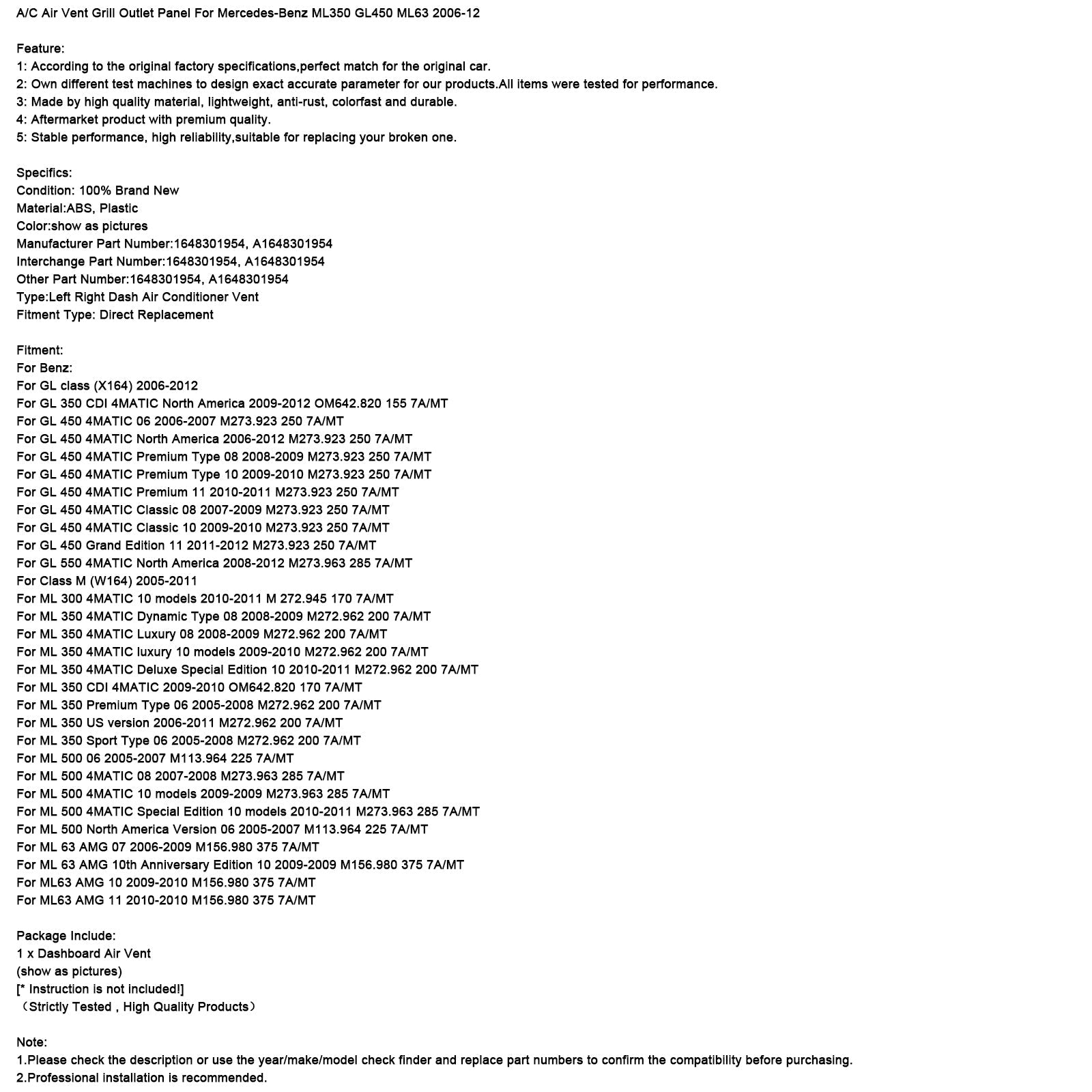 A/C Air Vent Grill Outlet Panel For Mercedes-Benz ML350 GL450 ML63 2006-12