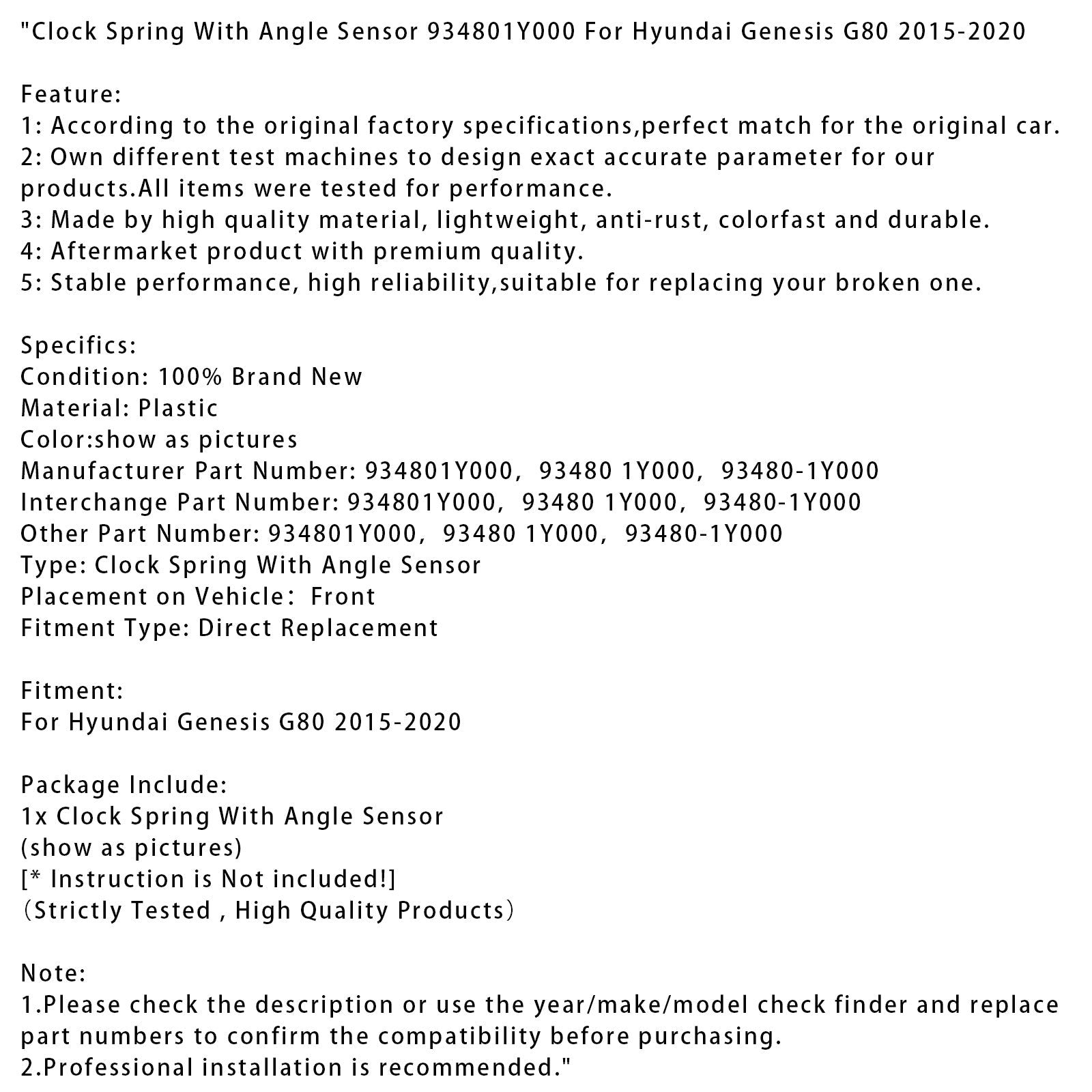 2015-2020 Hyundai Genesis G80 Clock Spring With Angle Sensor 934801Y000