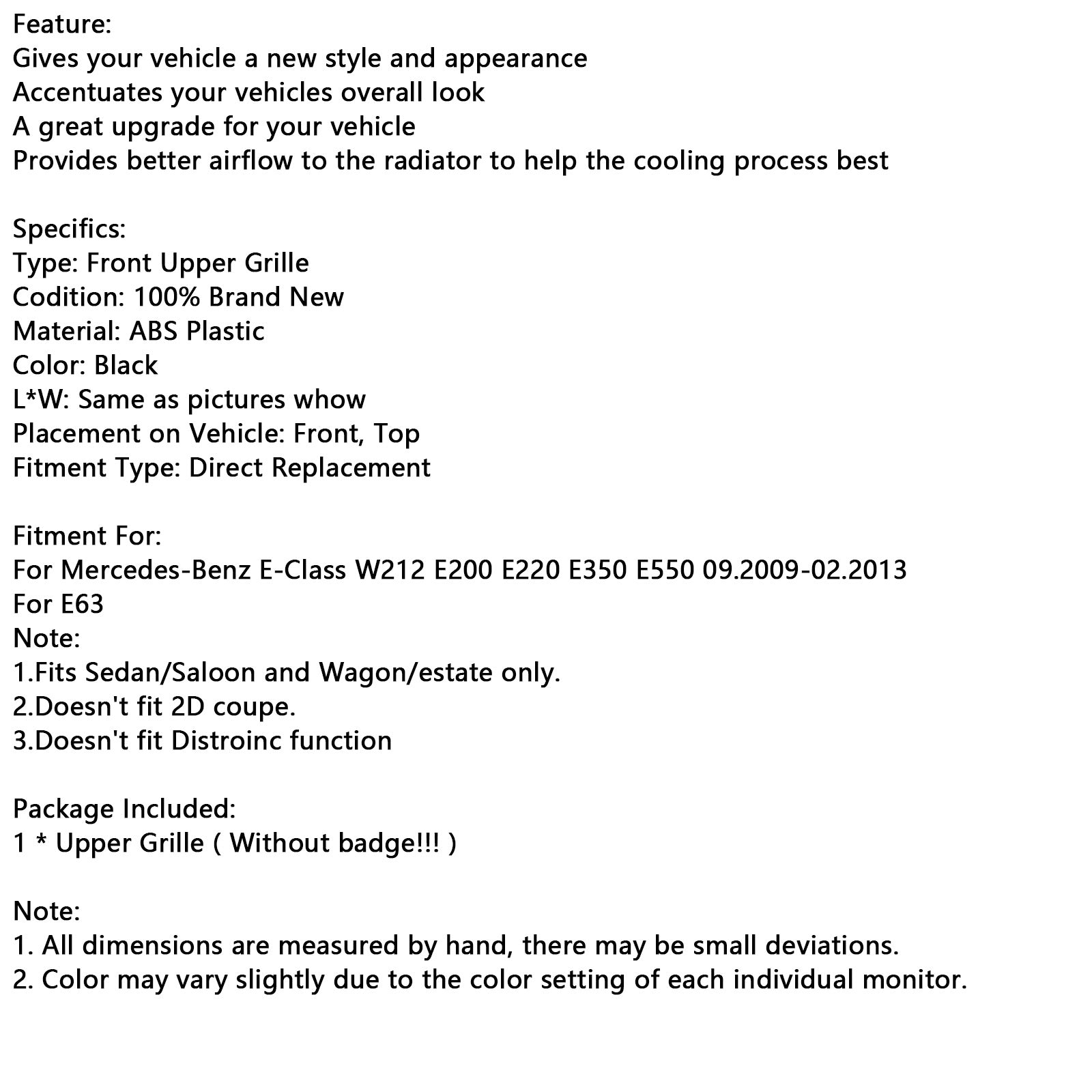 2010-2013 Mercedes-Benz E Class W212 E350 E550 Black Front Grille Grill