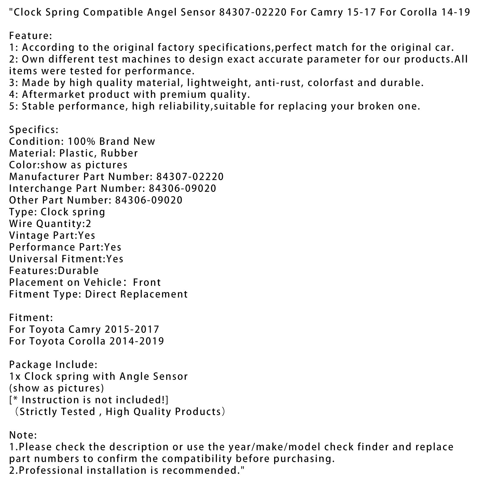 2014-2019 Toyota Corolla Clock Spring Compatible Angel Sensor 84307-02220