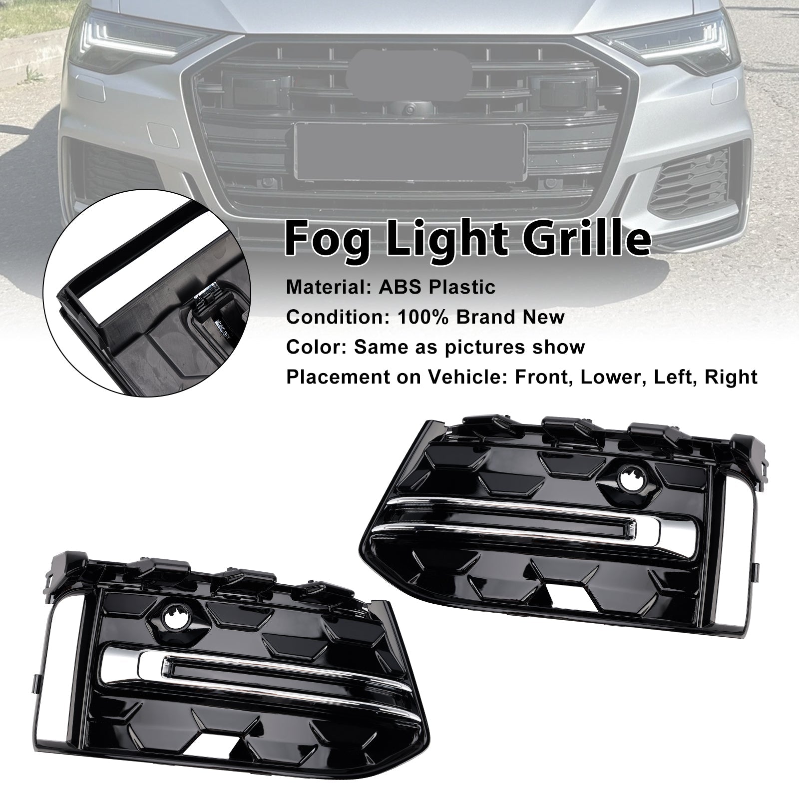 2023+  Audi A6 C8PA S-Line S6 2PCS Front Bumper Fog Light Grille Trim Black Chrome